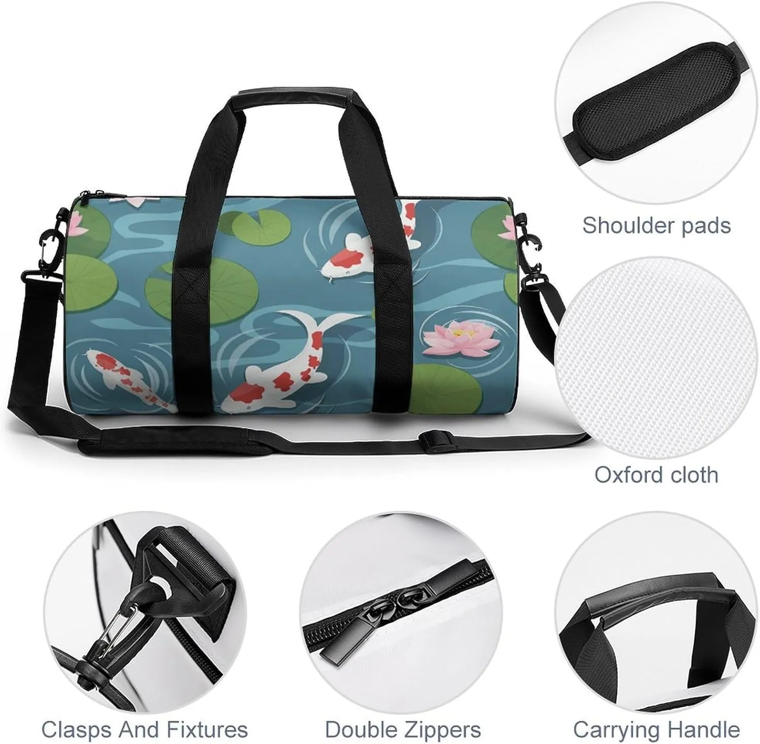 Travel Duffel Bag for Men And Women,Koi in The Pond Waterproof Sports Fitness Bag Portable Travel Duffel Bag, 17.7in/9in/9in