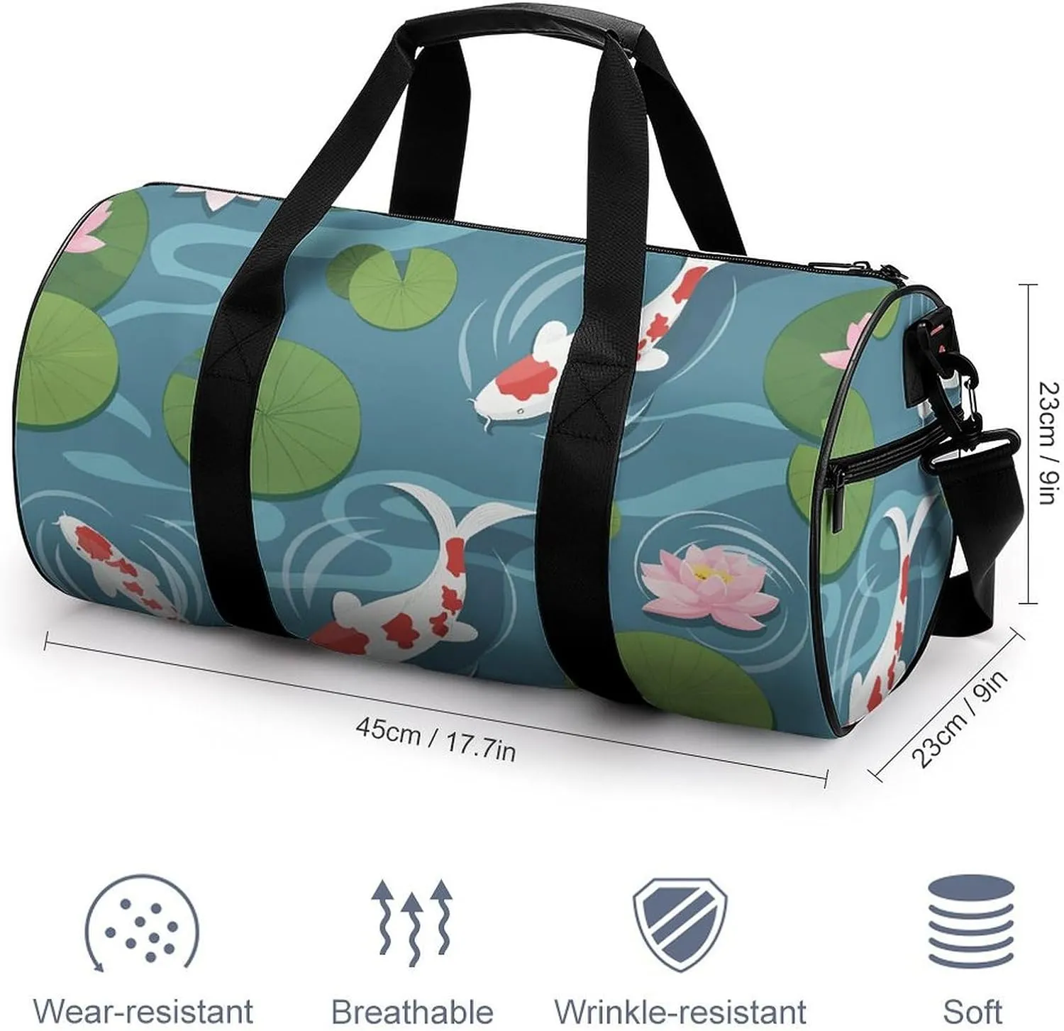 Travel Duffel Bag for Men And Women,Koi in The Pond Waterproof Sports Fitness Bag Portable Travel Duffel Bag, 17.7in/9in/9in