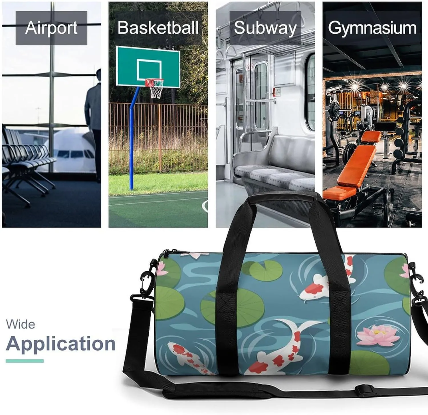 Travel Duffel Bag for Men And Women,Koi in The Pond Waterproof Sports Fitness Bag Portable Travel Duffel Bag, 17.7in/9in/9in