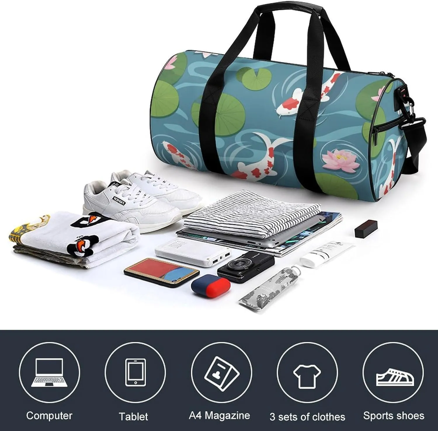 Travel Duffel Bag for Men And Women,Koi in The Pond Waterproof Sports Fitness Bag Portable Travel Duffel Bag, 17.7in/9in/9in