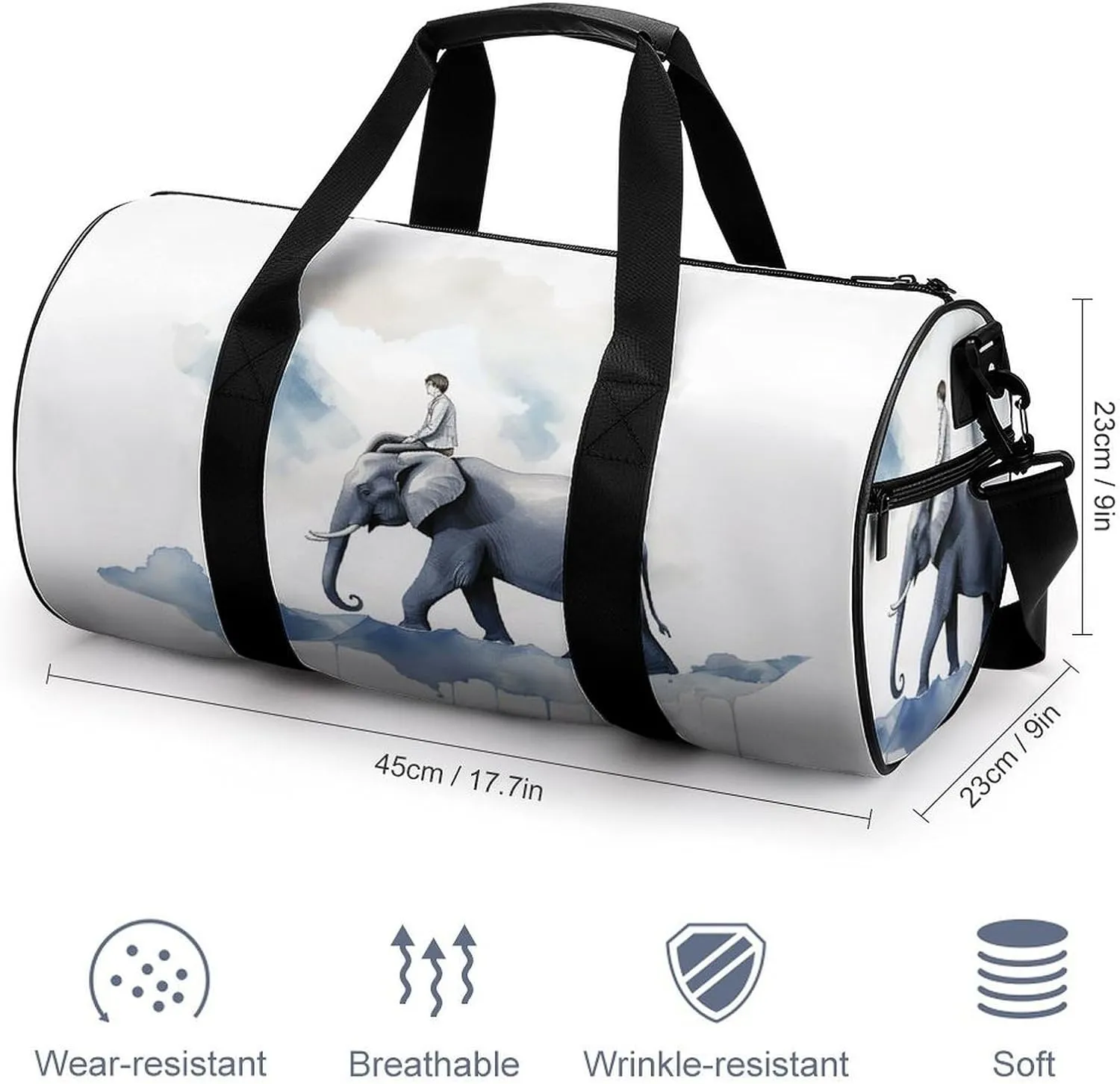 Travel Duffel Bag for Men And Women,Man Riding An Elephant Waterproof Sports Fitness Bag Portable Travel Duffel Bag, 17.7in/9in/9in