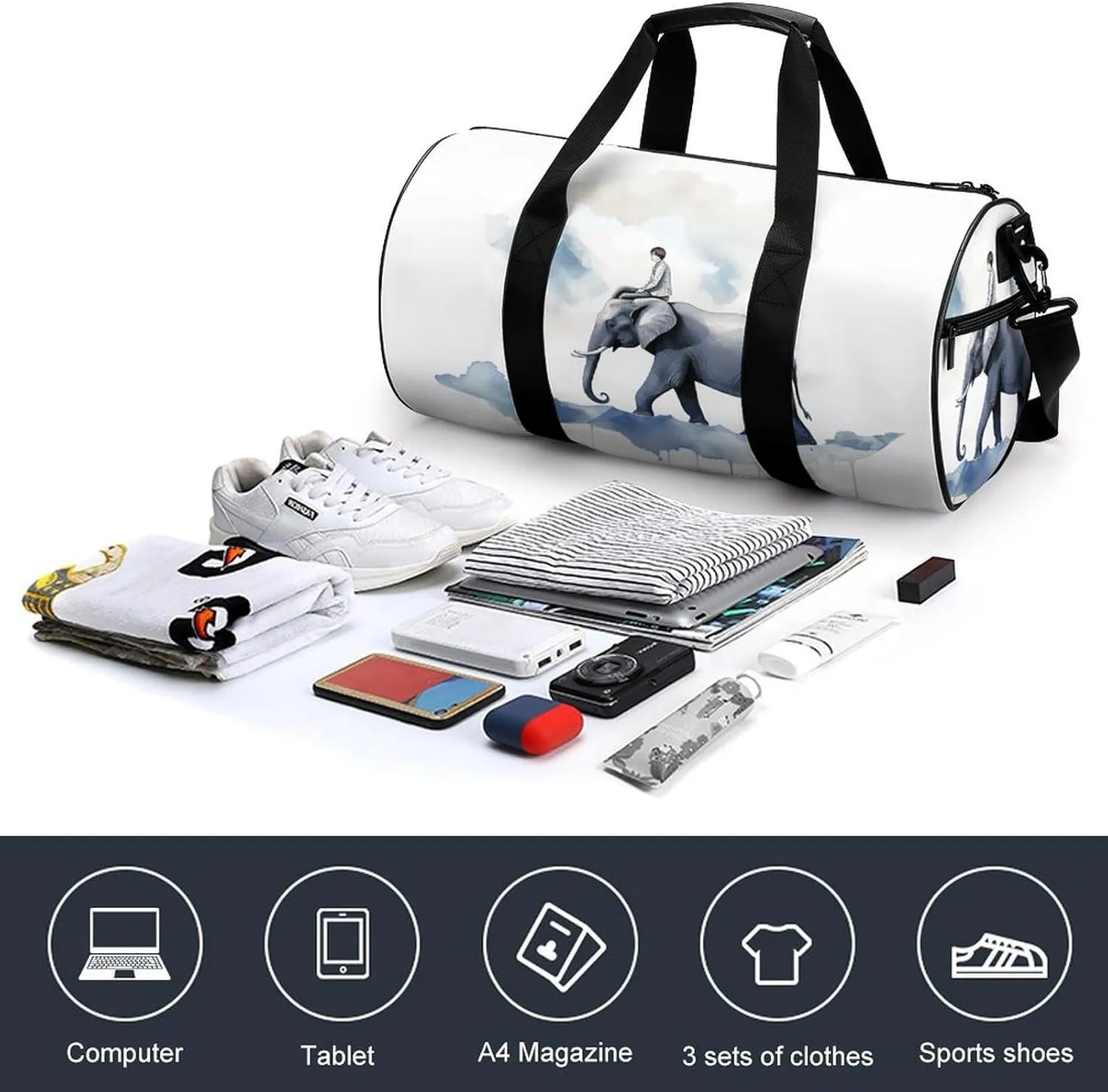 Travel Duffel Bag for Men And Women,Man Riding An Elephant Waterproof Sports Fitness Bag Portable Travel Duffel Bag, 17.7in/9in/9in