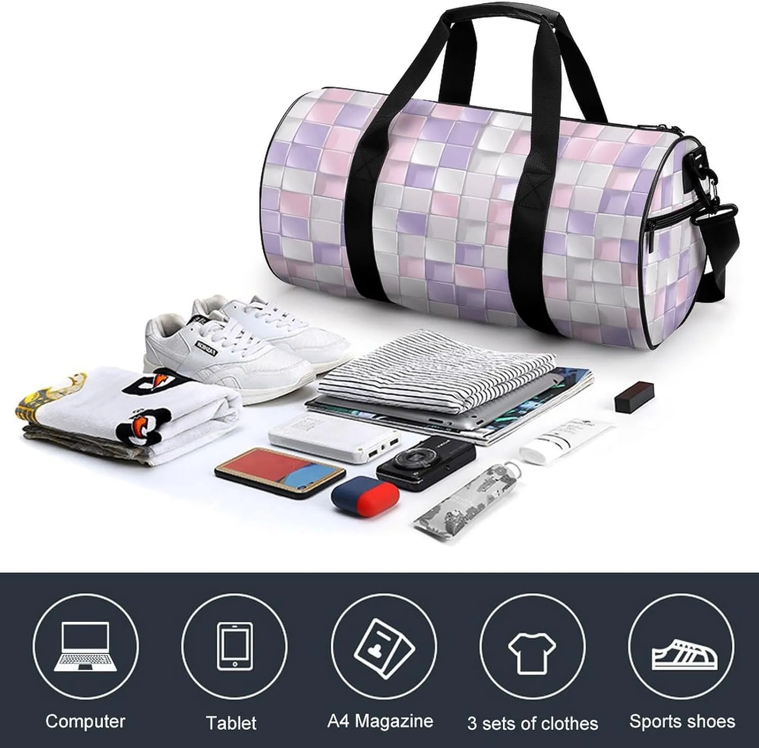 Travel Duffel Bag for Men And Women,Pastel Colored Squares Waterproof Sports Fitness Bag Portable Travel Duffel Bag