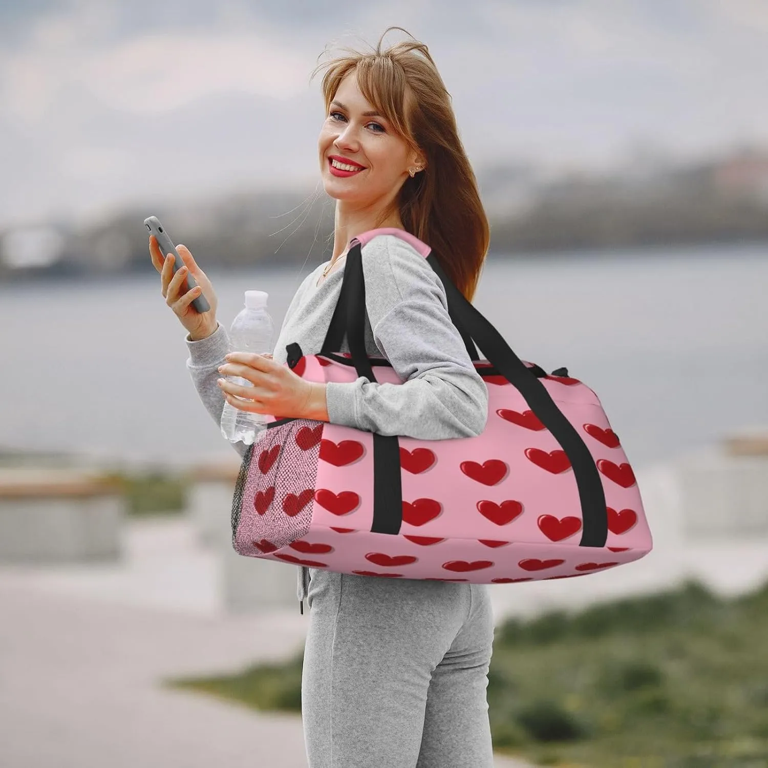 Travel Duffel Bag For Men Women, Cute Red Love Heart Pattern Carry On Sport Gym Bag With Shoulder Strap Lightweight Waterproof Weekender Bag Overnight Bag