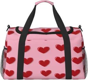 Travel Duffel Bag For Men Women, Cute Red Love Heart Pattern Carry On Sport Gym Bag With Shoulder Strap Lightweight Waterproof Weekender Bag Overnight Bag