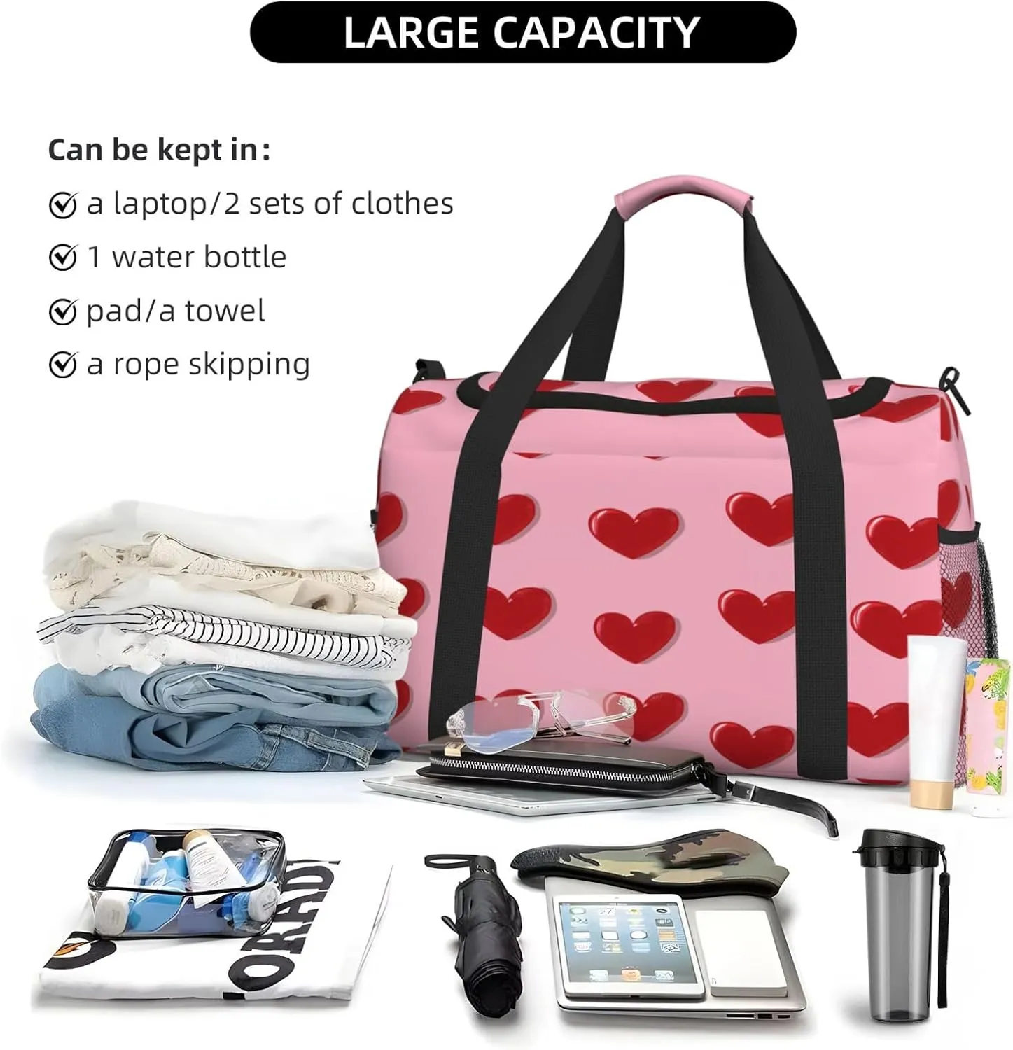 Travel Duffel Bag For Men Women, Cute Red Love Heart Pattern Carry On Sport Gym Bag With Shoulder Strap Lightweight Waterproof Weekender Bag Overnight Bag
