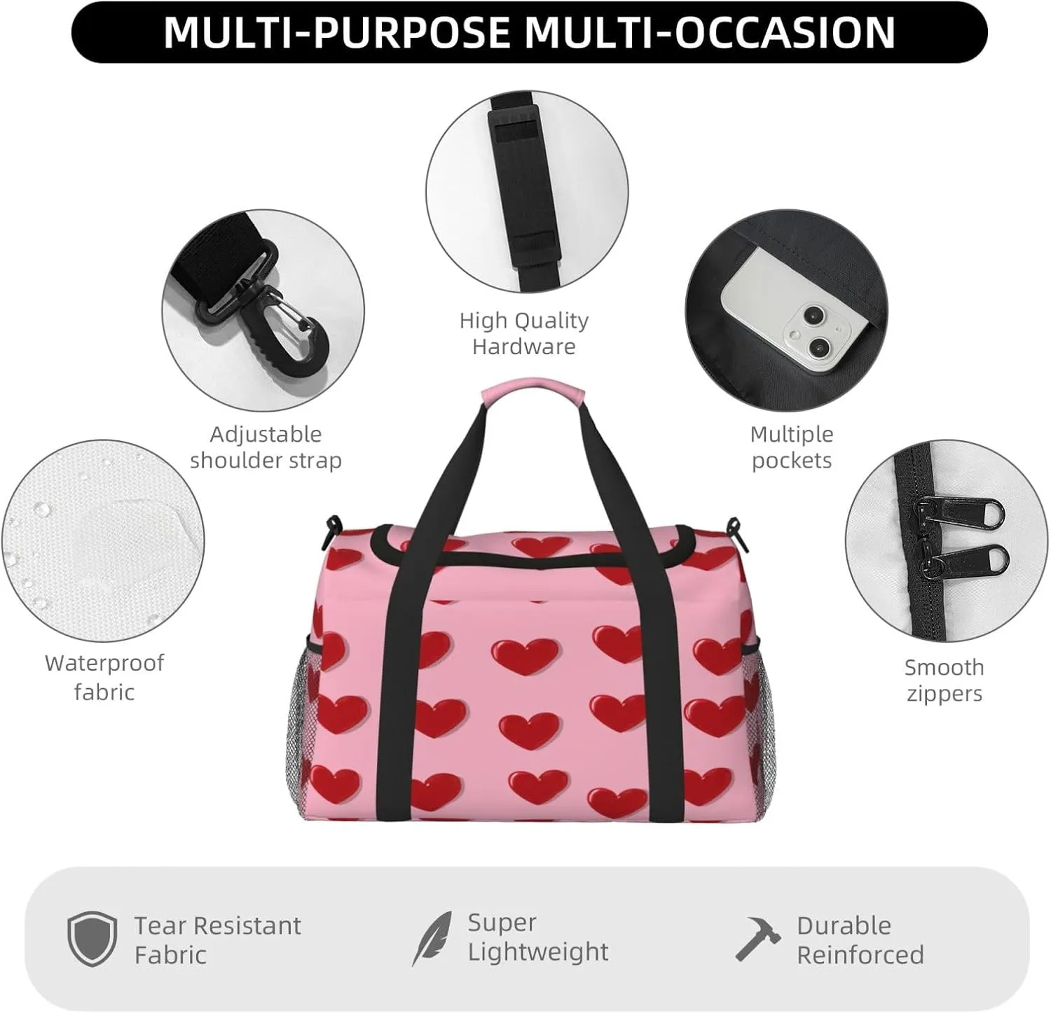 Travel Duffel Bag For Men Women, Cute Red Love Heart Pattern Carry On Sport Gym Bag With Shoulder Strap Lightweight Waterproof Weekender Bag Overnight Bag