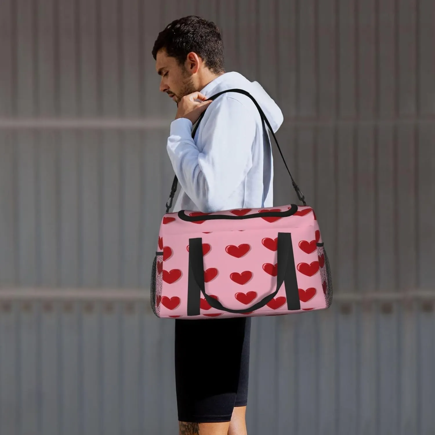 Travel Duffel Bag For Men Women, Cute Red Love Heart Pattern Carry On Sport Gym Bag With Shoulder Strap Lightweight Waterproof Weekender Bag Overnight Bag