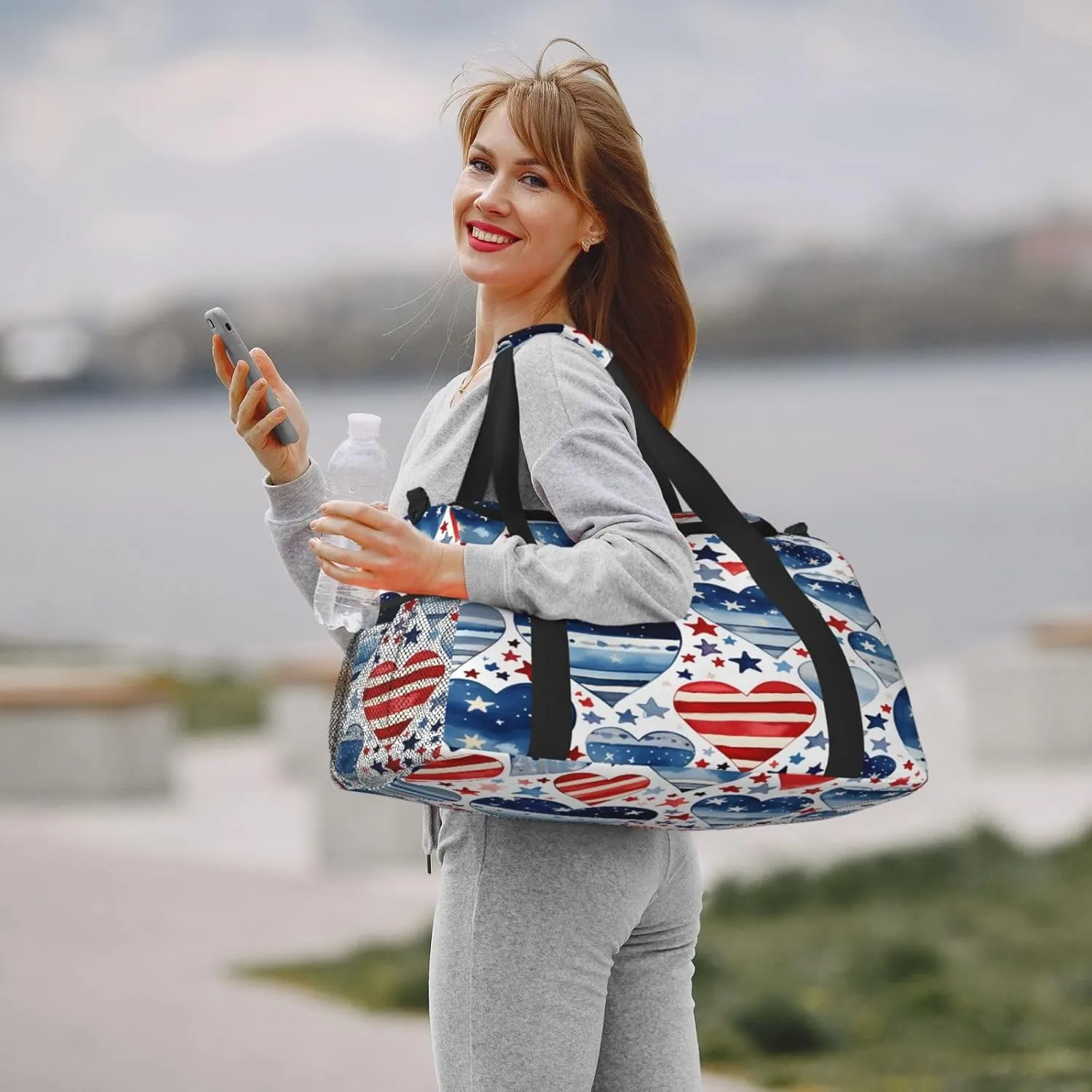 Travel Duffel Bag For Men Women, Patriot Red Blue Flag Heart Star Carry On Sport Gym Bag With Shoulder Strap Lightweight Waterproof Weekender Bag Overnight Bag