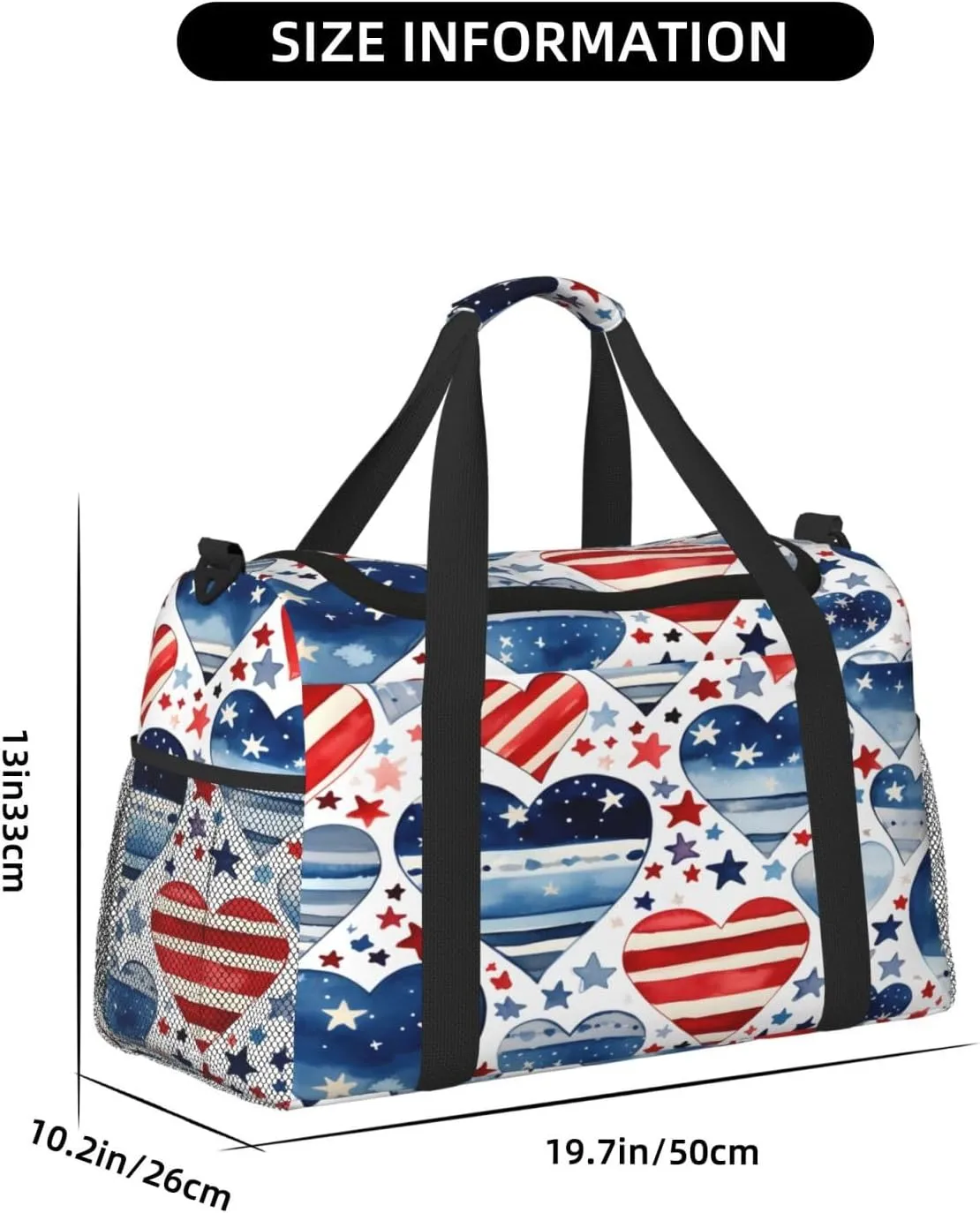 Travel Duffel Bag For Men Women, Patriot Red Blue Flag Heart Star Carry On Sport Gym Bag With Shoulder Strap Lightweight Waterproof Weekender Bag Overnight Bag