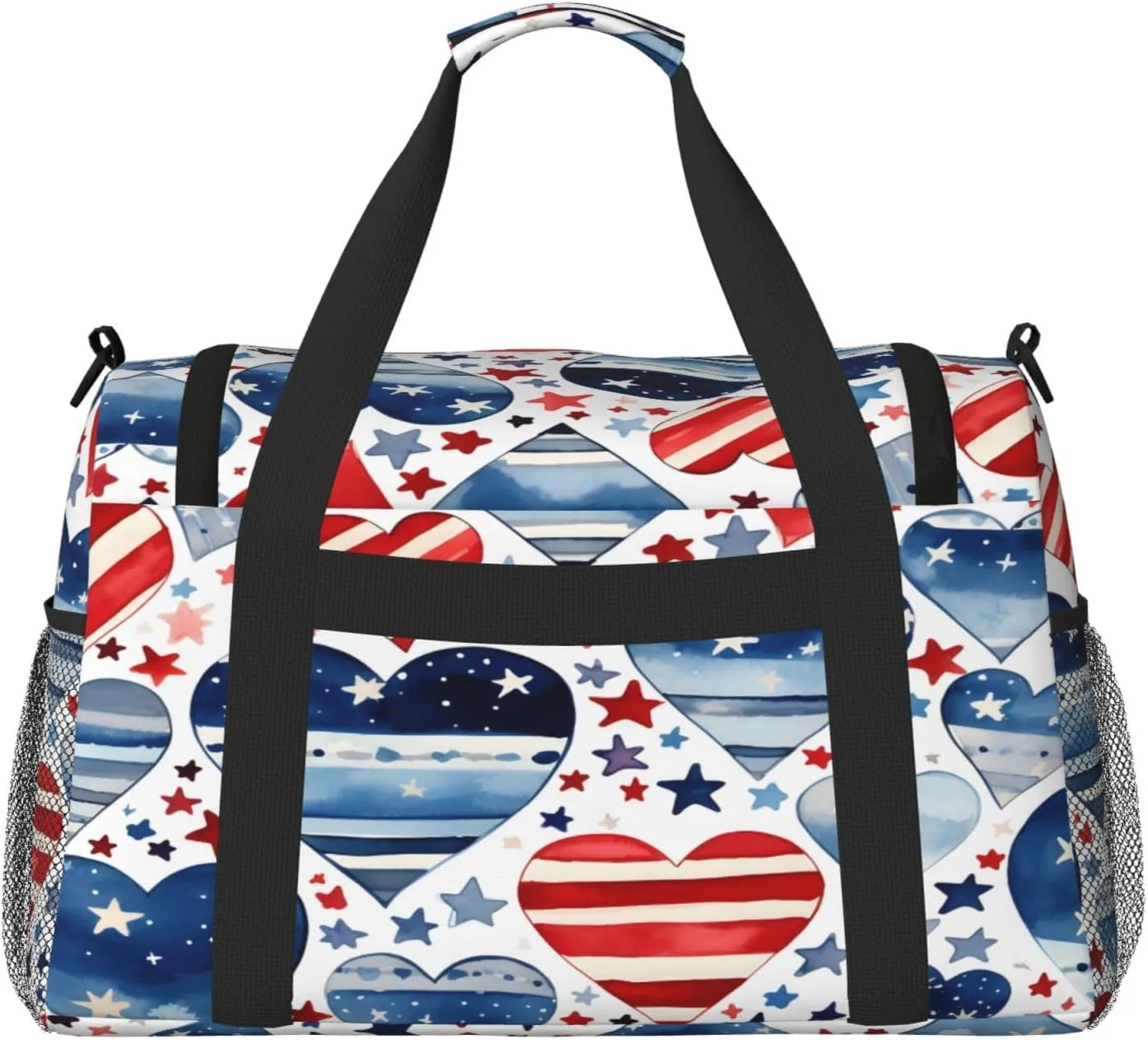 Travel Duffel Bag For Men Women, Patriot Red Blue Flag Heart Star Carry On Sport Gym Bag With Shoulder Strap Lightweight Waterproof Weekender Bag Overnight Bag