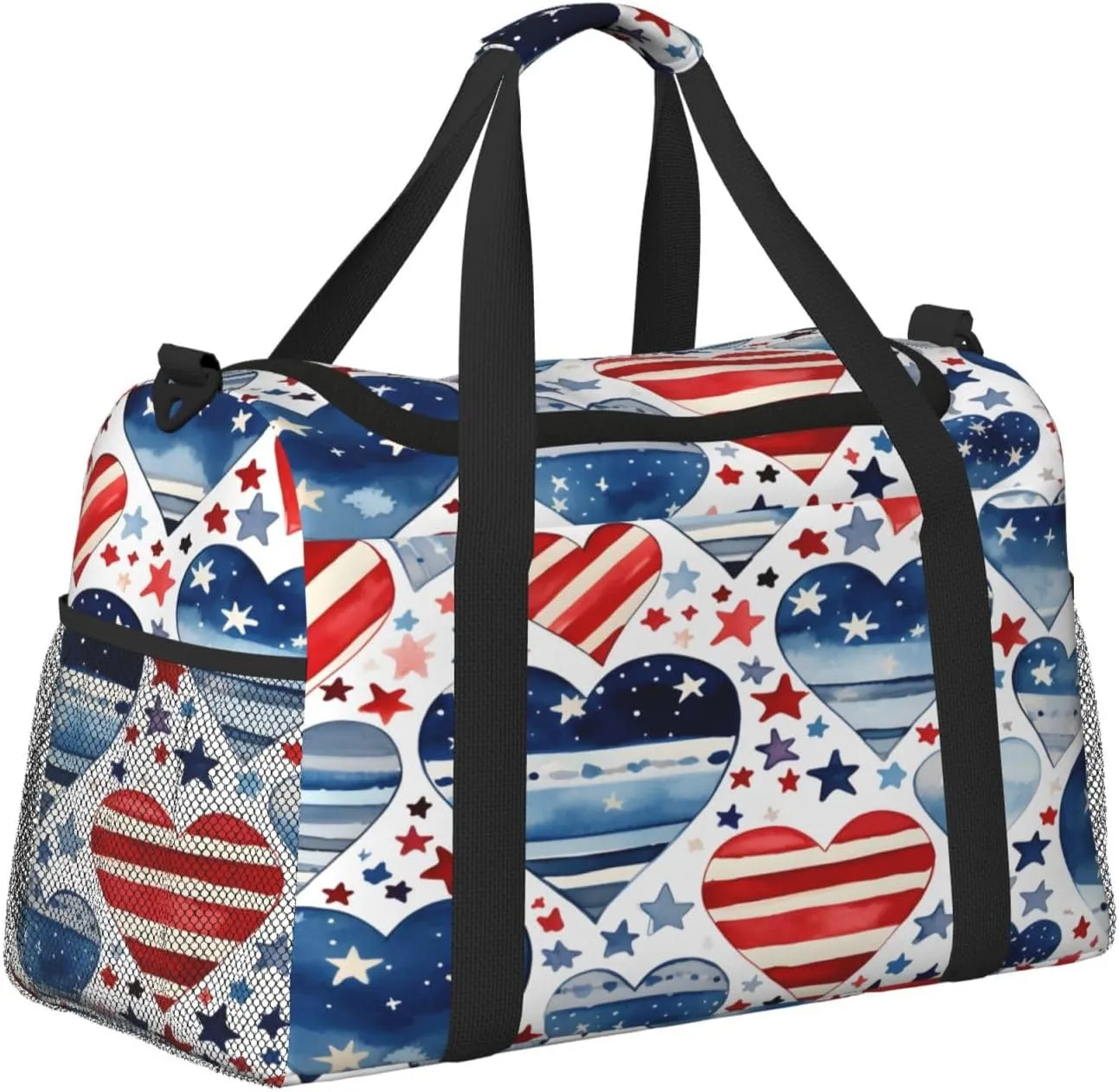 Travel Duffel Bag For Men Women, Patriot Red Blue Flag Heart Star Carry On Sport Gym Bag With Shoulder Strap Lightweight Waterproof Weekender Bag Overnight Bag