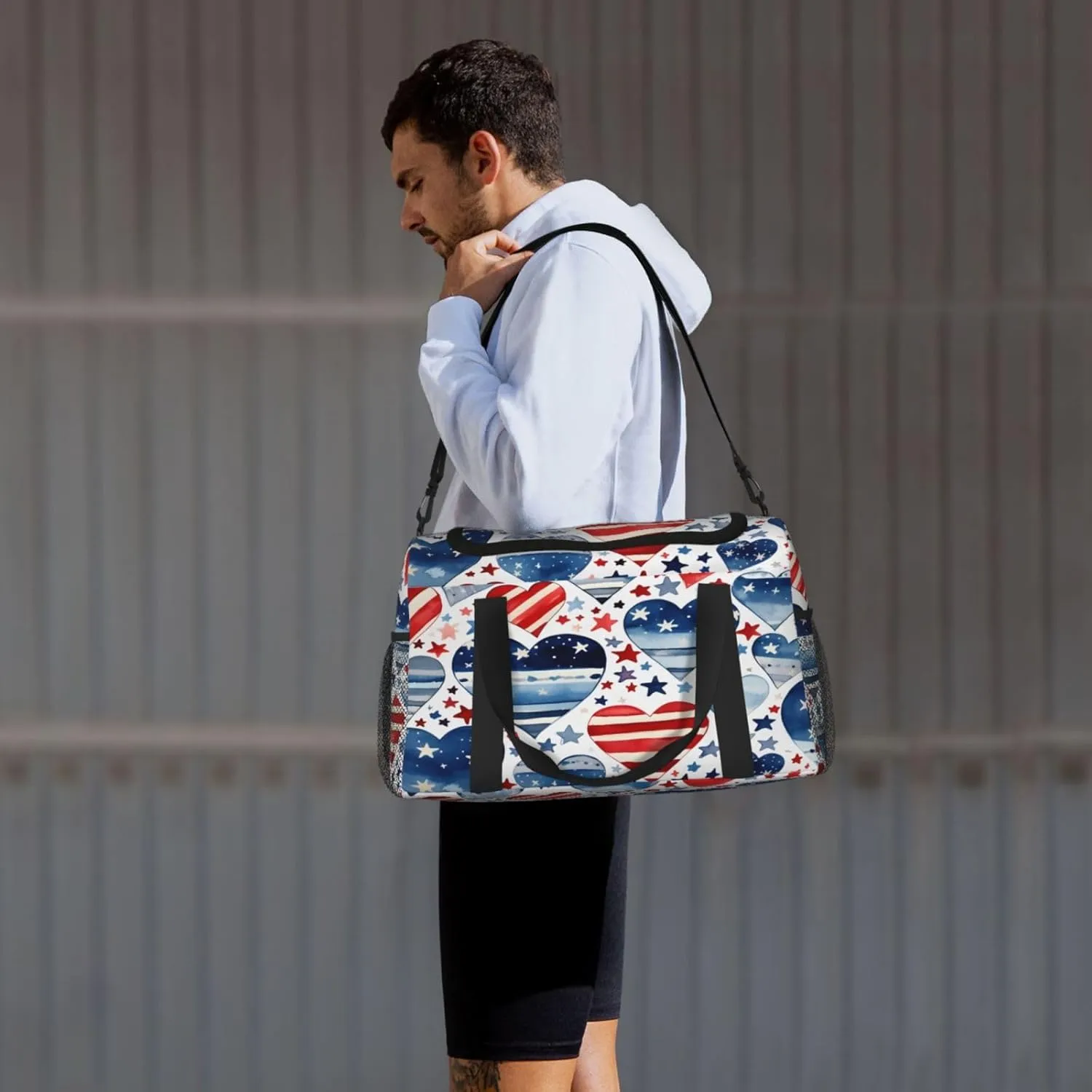 Travel Duffel Bag For Men Women, Patriot Red Blue Flag Heart Star Carry On Sport Gym Bag With Shoulder Strap Lightweight Waterproof Weekender Bag Overnight Bag