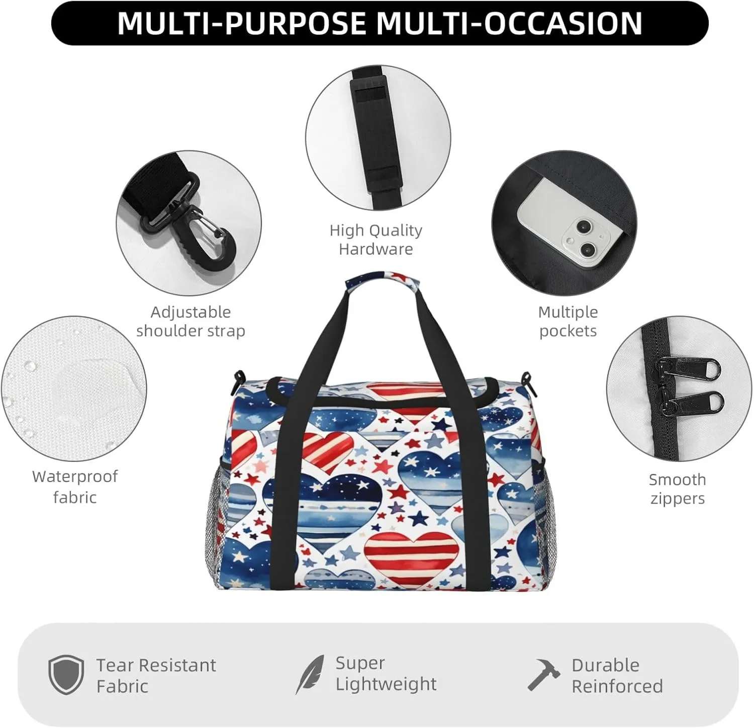 Travel Duffel Bag For Men Women, Patriot Red Blue Flag Heart Star Carry On Sport Gym Bag With Shoulder Strap Lightweight Waterproof Weekender Bag Overnight Bag