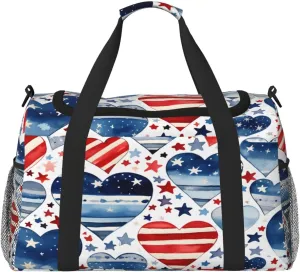 Travel Duffel Bag For Men Women, Patriot Red Blue Flag Heart Star Carry On Sport Gym Bag With Shoulder Strap Lightweight Waterproof Weekender Bag Overnight Bag