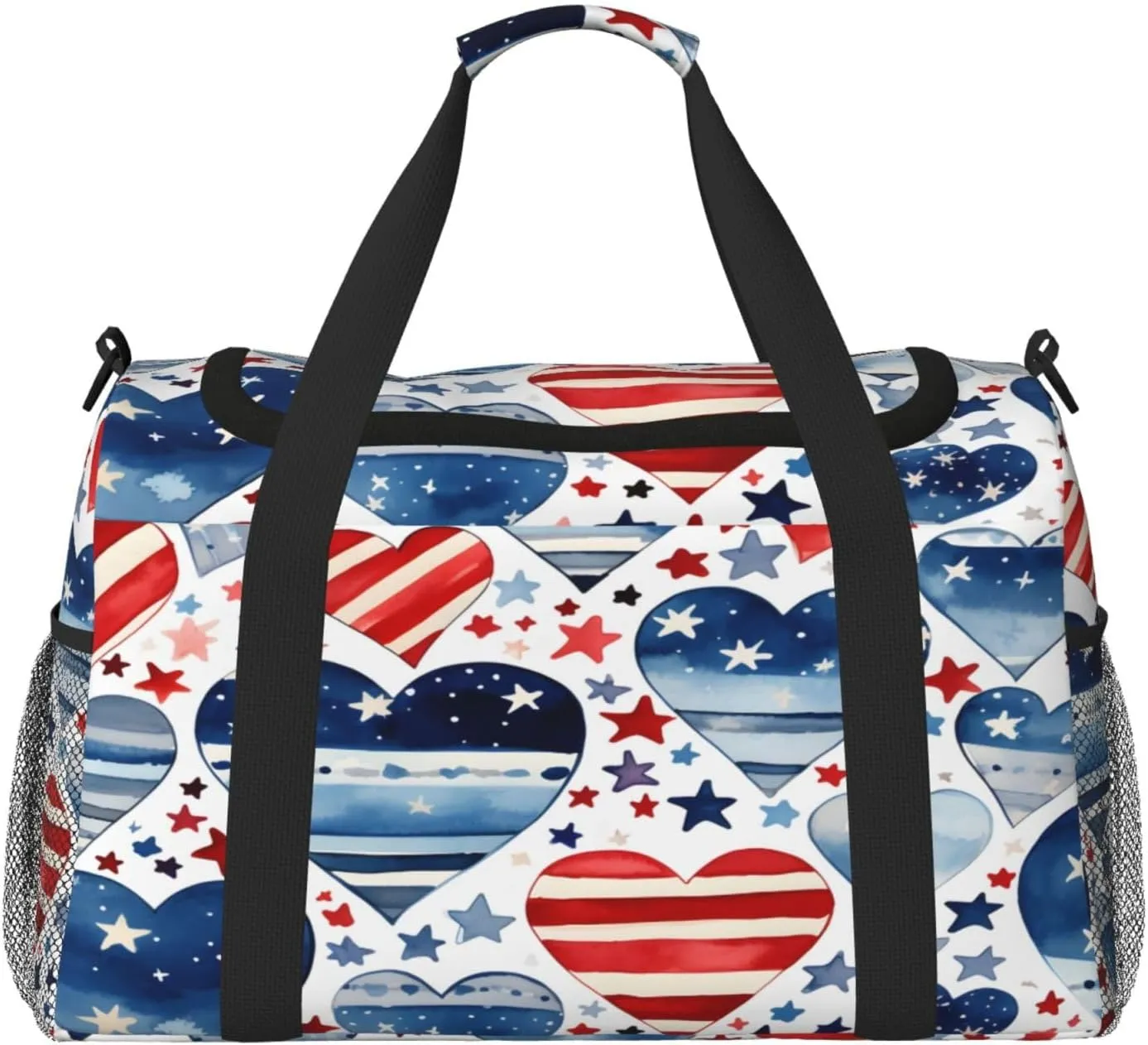 Travel Duffel Bag For Men Women, Patriot Red Blue Flag Heart Star Carry On Sport Gym Bag With Shoulder Strap Lightweight Waterproof Weekender Bag Overnight Bag