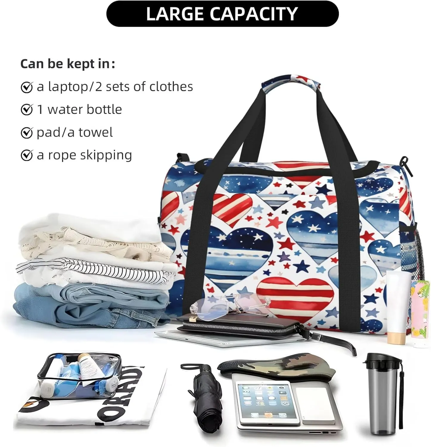 Travel Duffel Bag For Men Women, Patriot Red Blue Flag Heart Star Carry On Sport Gym Bag With Shoulder Strap Lightweight Waterproof Weekender Bag Overnight Bag