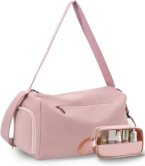 Travel Duffel Bag, Small Gym Bag with Toiletry Bag for Women, Underseat Carry on Dufflel Bag with Shoes Compartment, Weekender Overnight Bag with Trolley Sleeve (Pink)