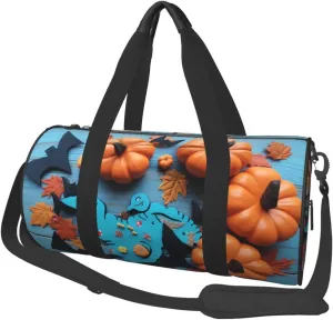 Travel Duffle Bag Lightweight Sports Gym Bag for Men Women Foldable Carry On Weekender Overnight Bag Blue Wooden with Pumpkin and Bats Canvas Sport Duffel Bag for Yoga Business Trip, Black, One Size