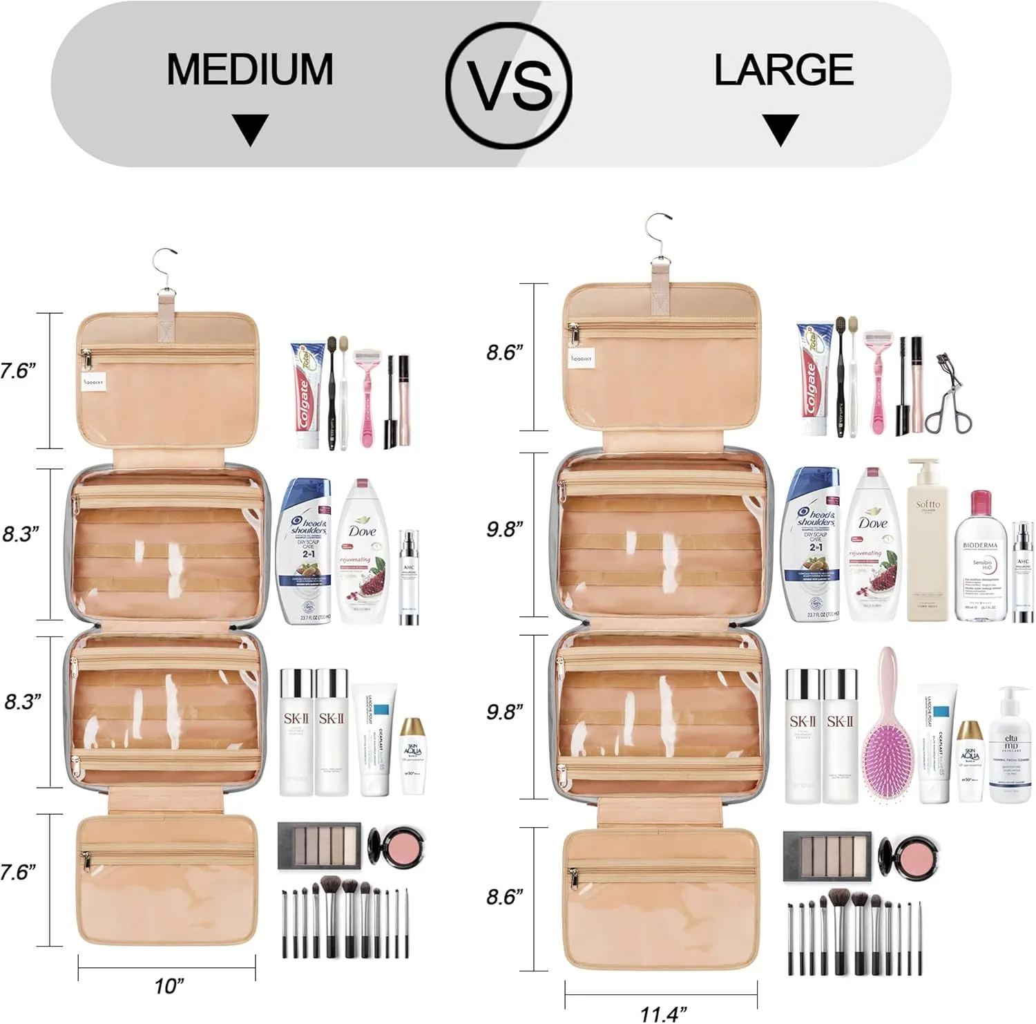 Travel Hanging Toiletry Bag for Women and Men, with 8 Leak Proofing Silicone Bottle Covers, Waterproof Makeup Accessories, Cosmetic Essentials, Toiletries Dopp Kit Set with Jewelry Organizer, Grey