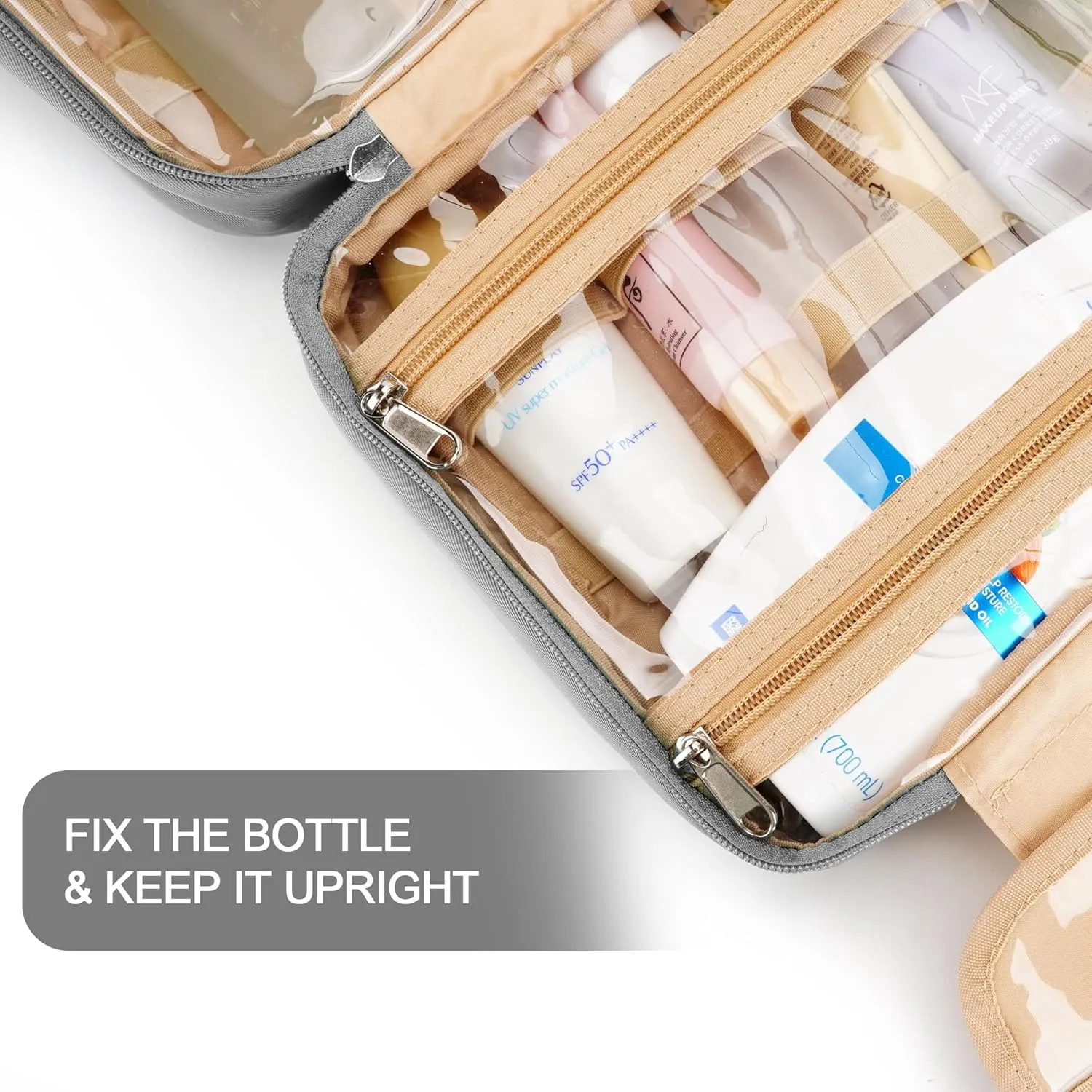 Travel Hanging Toiletry Bag for Women and Men, with 8 Leak Proofing Silicone Bottle Covers, Waterproof Makeup Accessories, Cosmetic Essentials, Toiletries Dopp Kit Set with Jewelry Organizer, Grey