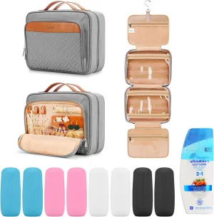 Travel Hanging Toiletry Bag for Women and Men, with 8 Leak Proofing Silicone Bottle Covers, Waterproof Makeup Accessories, Cosmetic Essentials, Toiletries Dopp Kit Set with Jewelry Organizer, Grey