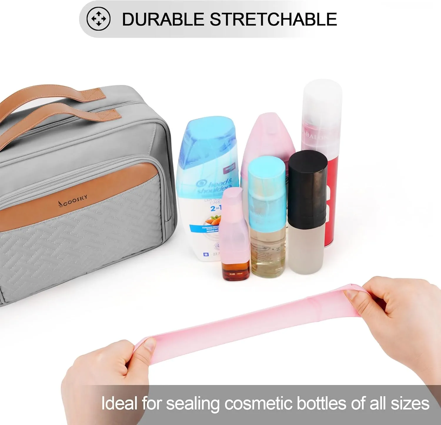 Travel Hanging Toiletry Bag for Women and Men, with 8 Leak Proofing Silicone Bottle Covers, Waterproof Makeup Accessories, Cosmetic Essentials, Toiletries Dopp Kit Set with Jewelry Organizer, Grey
