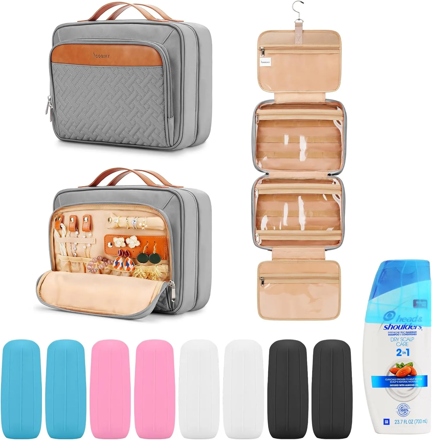 Travel Hanging Toiletry Bag for Women and Men, with 8 Leak Proofing Silicone Bottle Covers, Waterproof Makeup Accessories, Cosmetic Essentials, Toiletries Dopp Kit Set with Jewelry Organizer, Grey