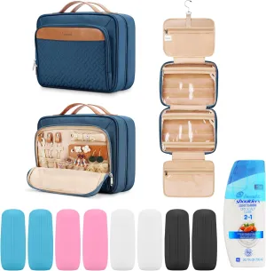 Travel Hanging Toiletry Bag for Women and Men, with 8 Leak Proofing Silicone Bottle Covers, Waterproof Makeup Accessories, Cosmetic Essentials, Toiletries Dopp Kit Set with Jewelry Organizer, Navy