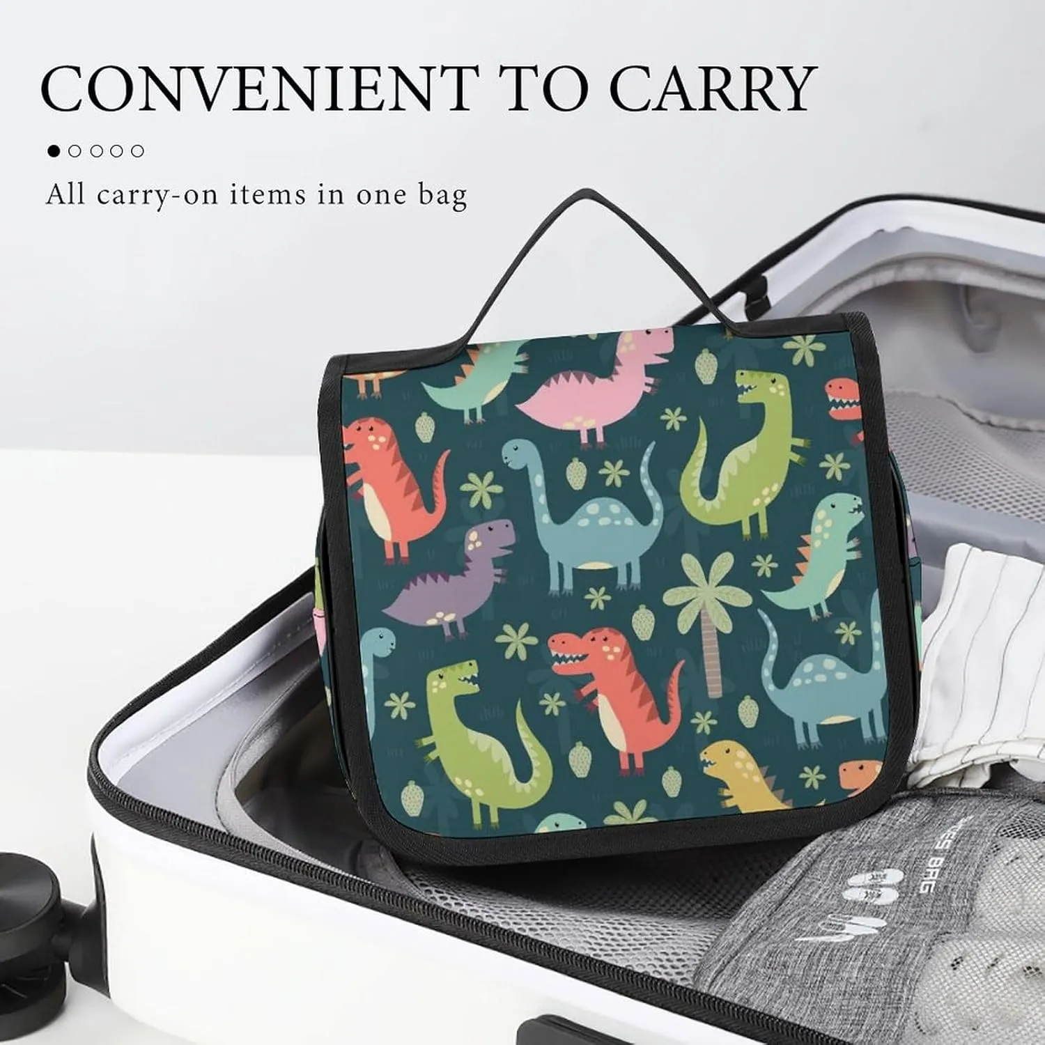Travel Hanging Toiletry Bag for Women, Cute Cartoon Dinosaurs Makeup Organzier with Sturdy Hook, Large Capacity Cosmetic Organizer for Bathroom Shower