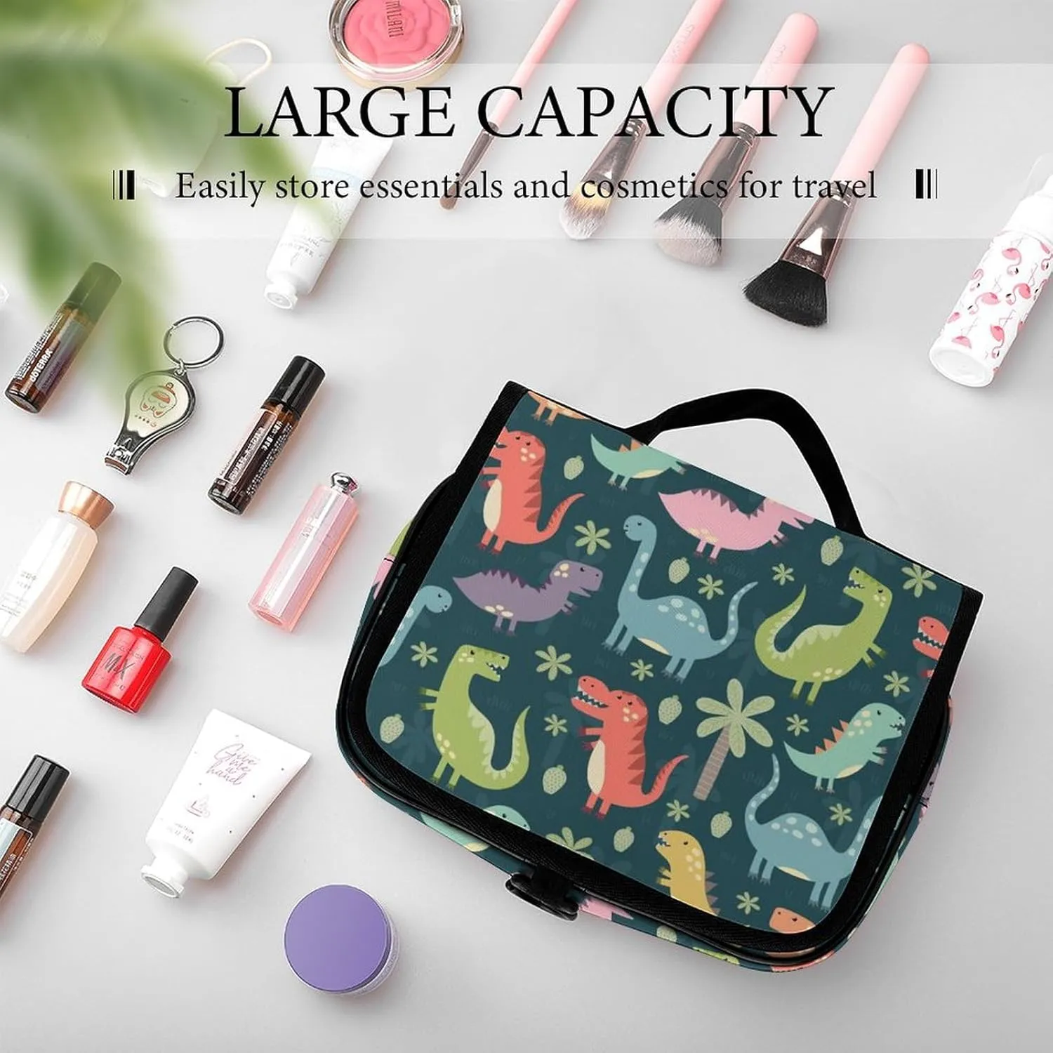 Travel Hanging Toiletry Bag for Women, Cute Cartoon Dinosaurs Makeup Organzier with Sturdy Hook, Large Capacity Cosmetic Organizer for Bathroom Shower