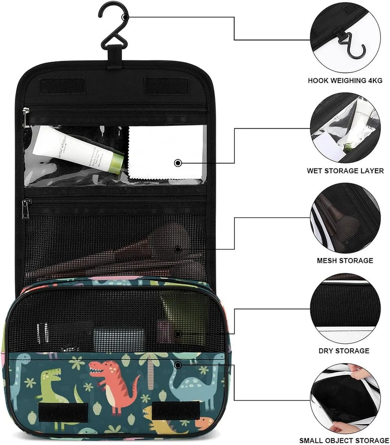 Travel Hanging Toiletry Bag for Women, Cute Cartoon Dinosaurs Makeup Organzier with Sturdy Hook, Large Capacity Cosmetic Organizer for Bathroom Shower