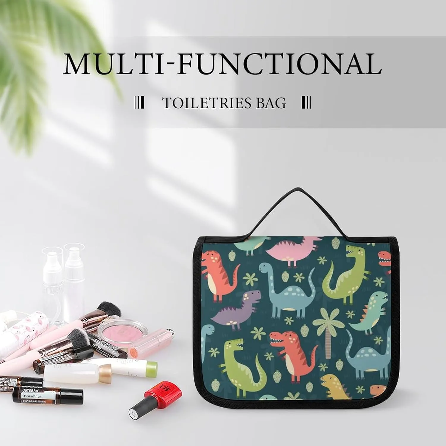 Travel Hanging Toiletry Bag for Women, Cute Cartoon Dinosaurs Makeup Organzier with Sturdy Hook, Large Capacity Cosmetic Organizer for Bathroom Shower