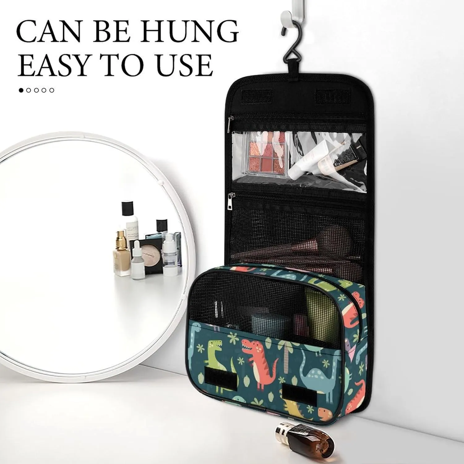 Travel Hanging Toiletry Bag for Women, Cute Cartoon Dinosaurs Makeup Organzier with Sturdy Hook, Large Capacity Cosmetic Organizer for Bathroom Shower