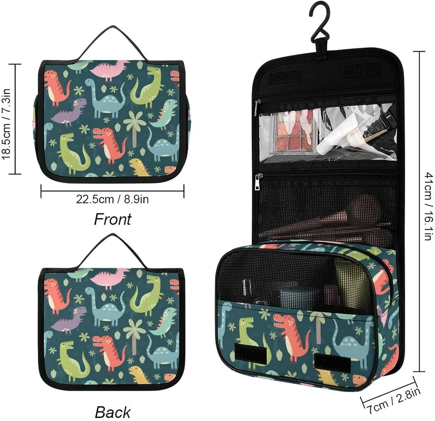 Travel Hanging Toiletry Bag for Women, Cute Cartoon Dinosaurs Makeup Organzier with Sturdy Hook, Large Capacity Cosmetic Organizer for Bathroom Shower