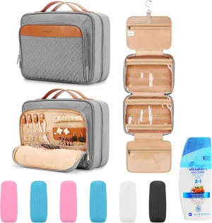 Travel Hanging Toiletry Bag for Women, Large Makeup Bag 8 Leak Proofing Silicone Bottle Covers, Waterproof Cosmetic Bag with Jewelry Organizer Compartment, Toiletries Kit Set, Grey
