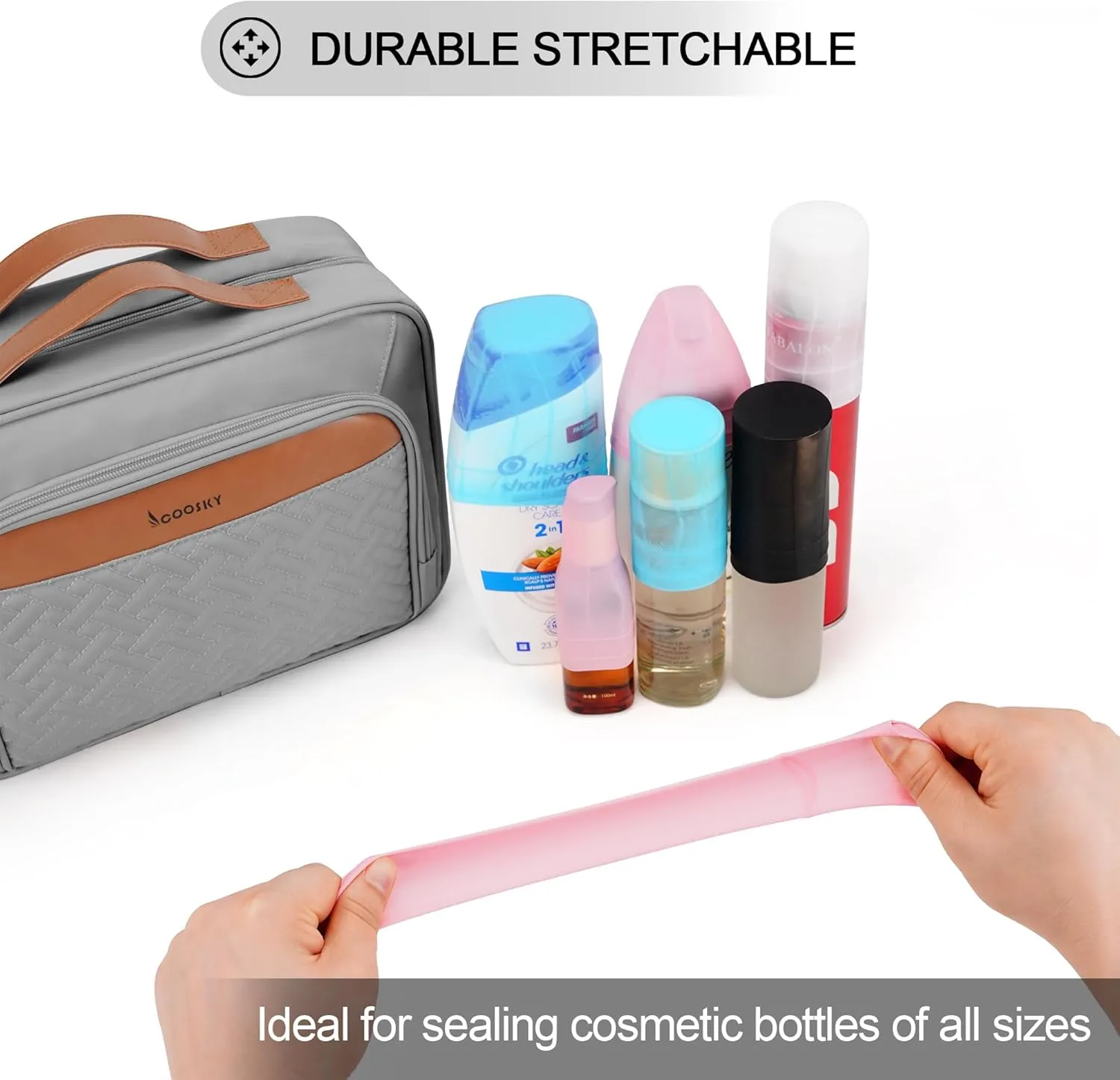 Travel Hanging Toiletry Bag for Women, Large Makeup Bag 8 Leak Proofing Silicone Bottle Covers, Waterproof Cosmetic Bag with Jewelry Organizer Compartment, Toiletries Kit Set, Grey