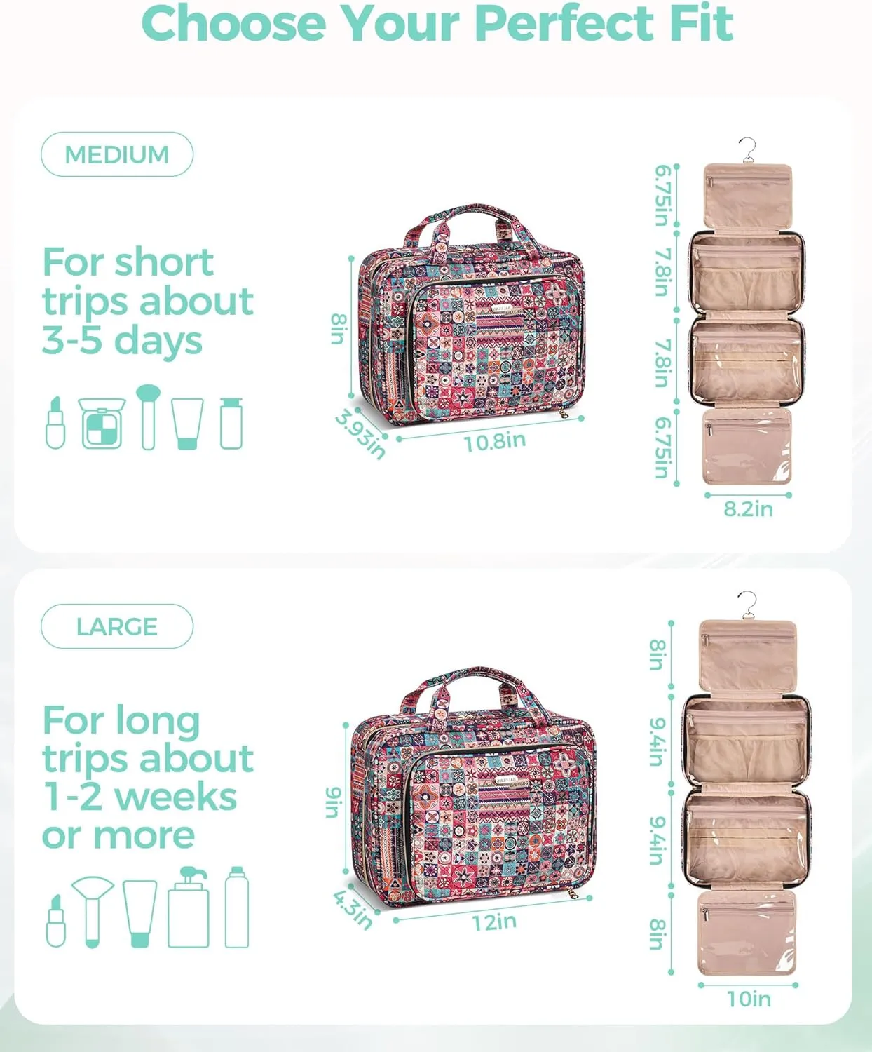 Travel Hanging Toiletry Bag for Women, Water-Resistant Cosmetic Organizer with 4 Compartments & 360° Swivel Hook, TSA-Approved Makeup Bag for Shampoo, Full Sized Container, Toiletries (Pink)
