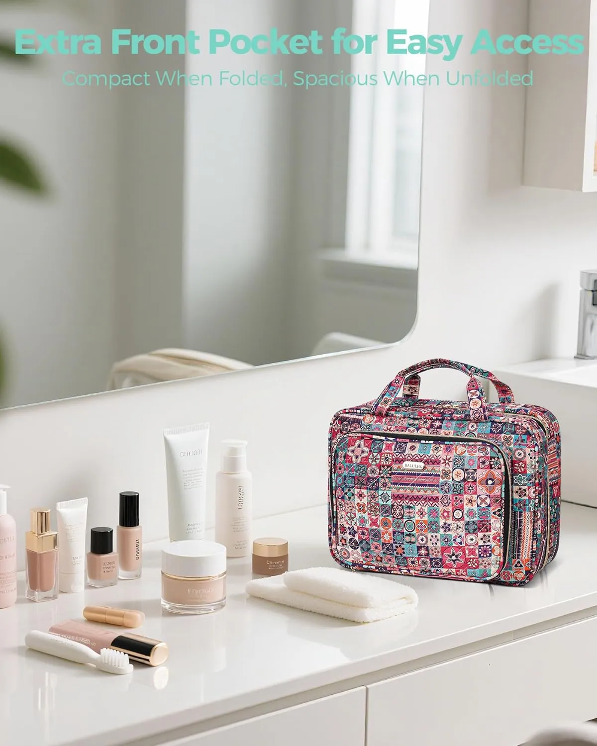 Travel Hanging Toiletry Bag for Women, Water-Resistant Cosmetic Organizer with 4 Compartments & 360° Swivel Hook, TSA-Approved Makeup Bag for Shampoo, Full Sized Container, Toiletries (Pink)