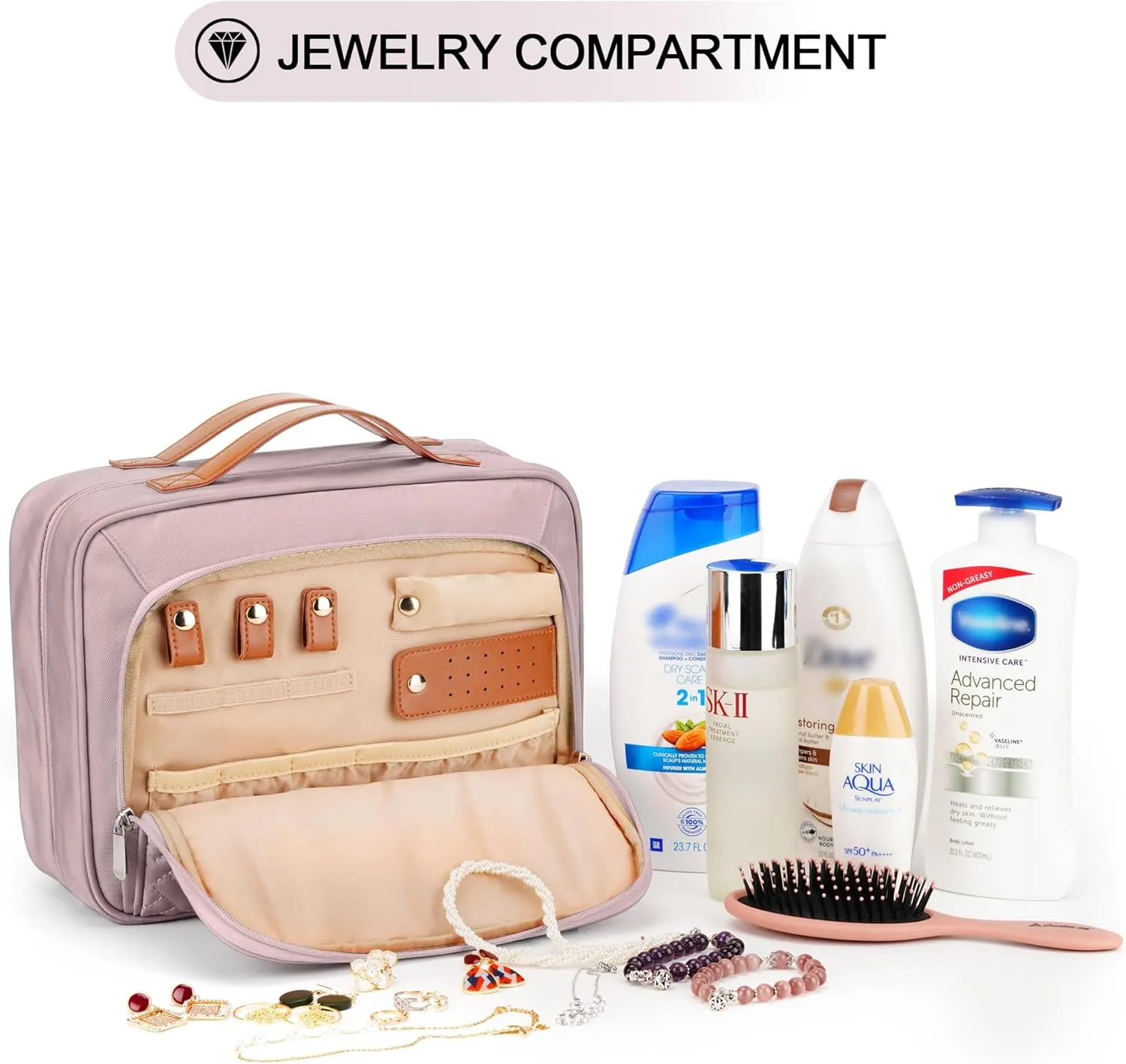 Travel Hanging Toiletry Bag for Women, with Jewelry Organizer Compartment, Medium Waterproof Hanging Makeup Accessories, Cosmetic Essentials, Toiletries Dopp Kit Set with Trolley Belt, Baby Pink