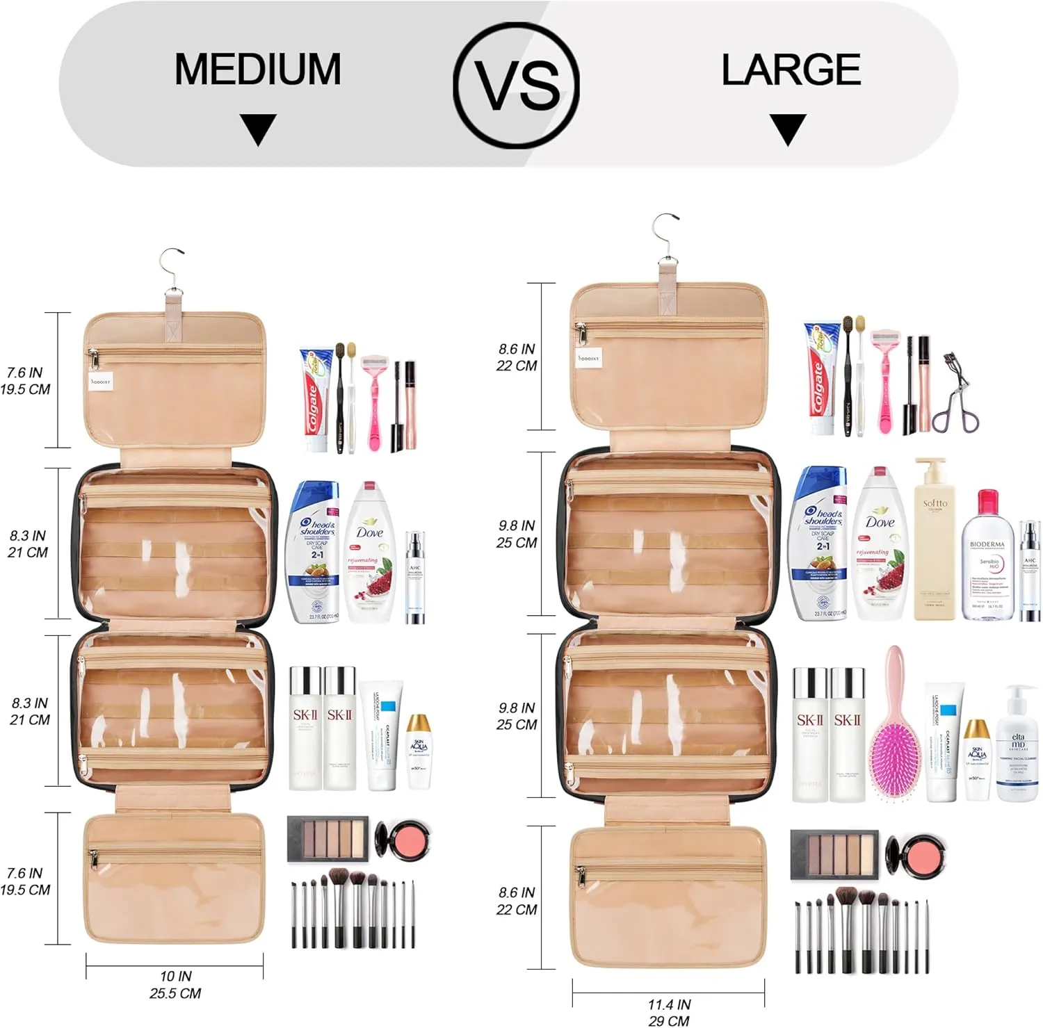 Travel Hanging Toiletry Bag for Women, with Jewelry Organizer Compartment, Medium Waterproof Hanging Makeup Accessories, Cosmetic Essentials, Toiletries Dopp Kit Set with Trolley Belt, Black