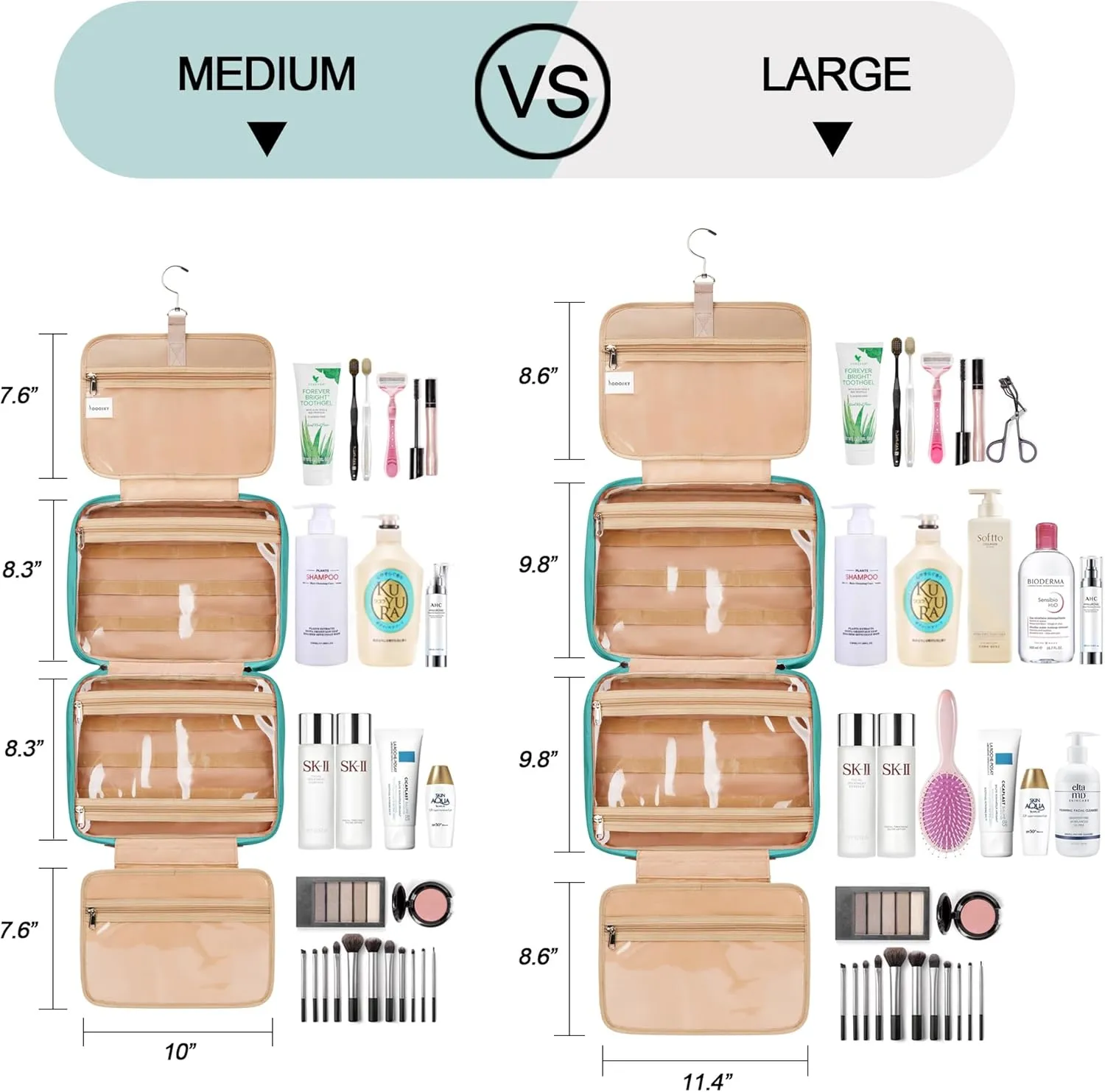 Travel Hanging Toiletry Bag for Women, with Jewelry Organizer Compartment, Medium Waterproof Hanging Makeup Accessories, Cosmetic Essentials, Toiletries Dopp Kit Set with Trolley Belt, Blue