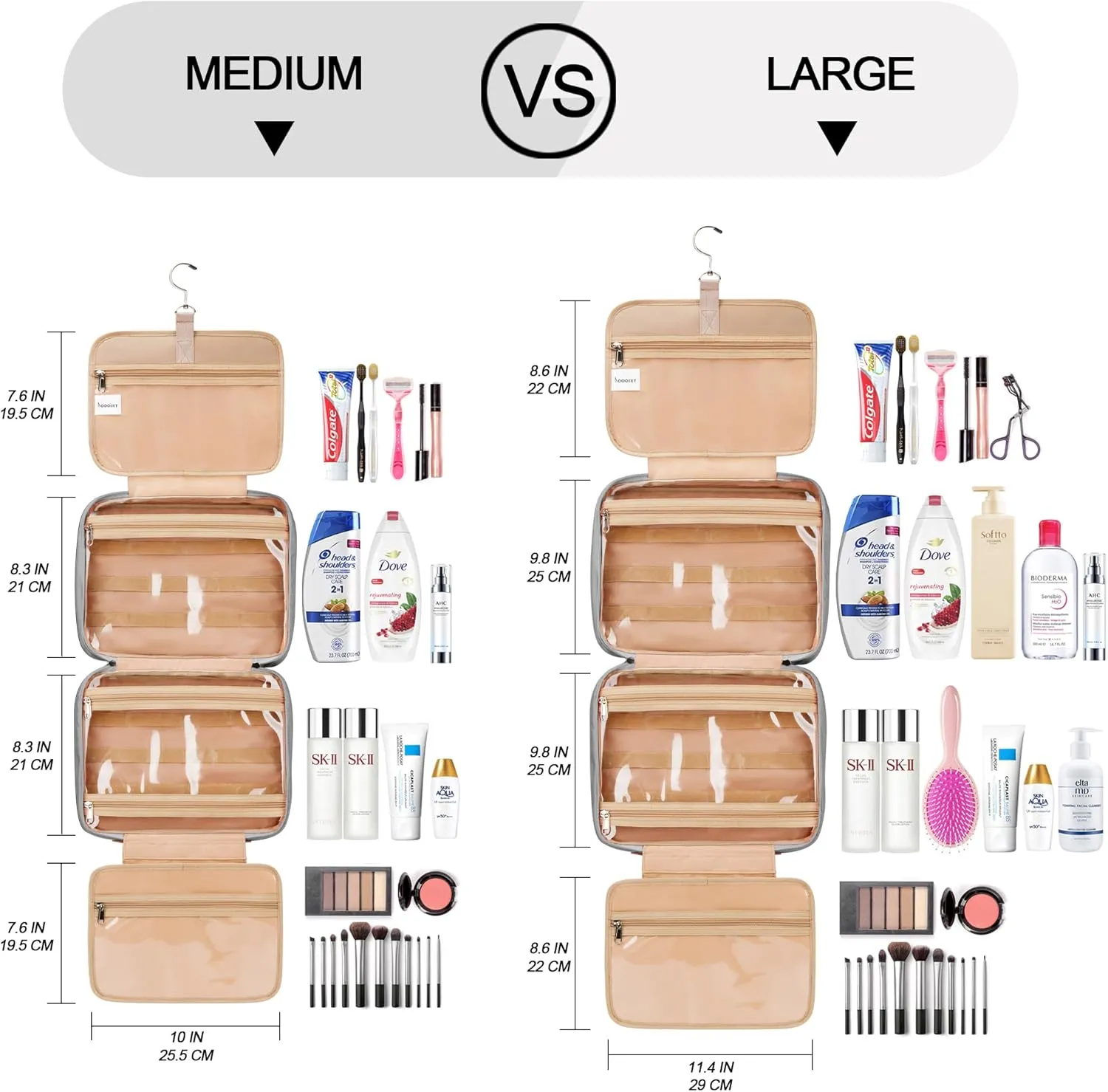 Travel Hanging Toiletry Bag for Women, with Jewelry Organizer Compartment, Medium Waterproof Hanging Makeup Accessories, Cosmetic Essentials, Toiletries Dopp Kit Set with Trolley Belt, Grey