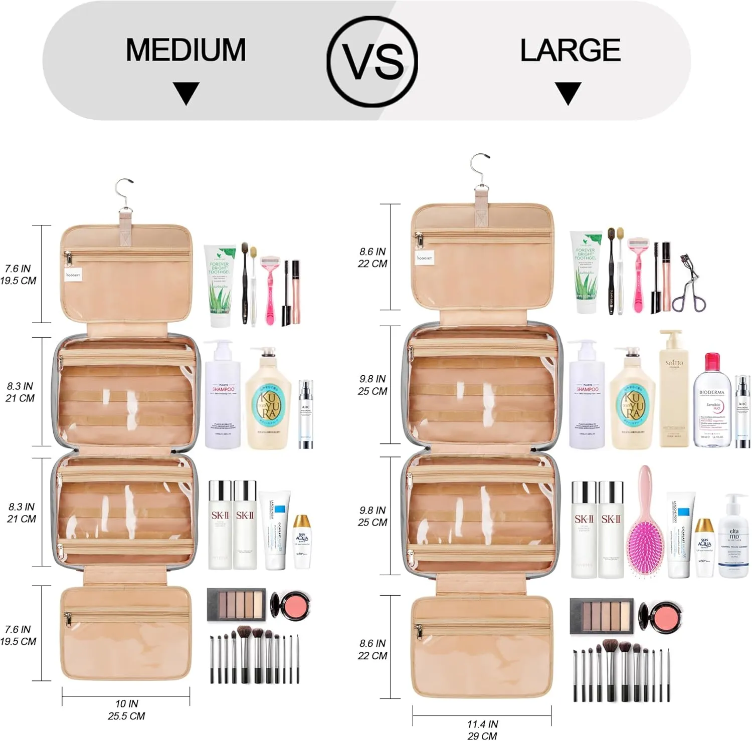 Travel Hanging Toiletry Bag for Women, with Jewelry Organizer Compartment, Medium Waterproof Hanging Makeup Accessories, Cosmetic Essentials, Toiletries Dopp Kit Set with Trolley Belt, Grey