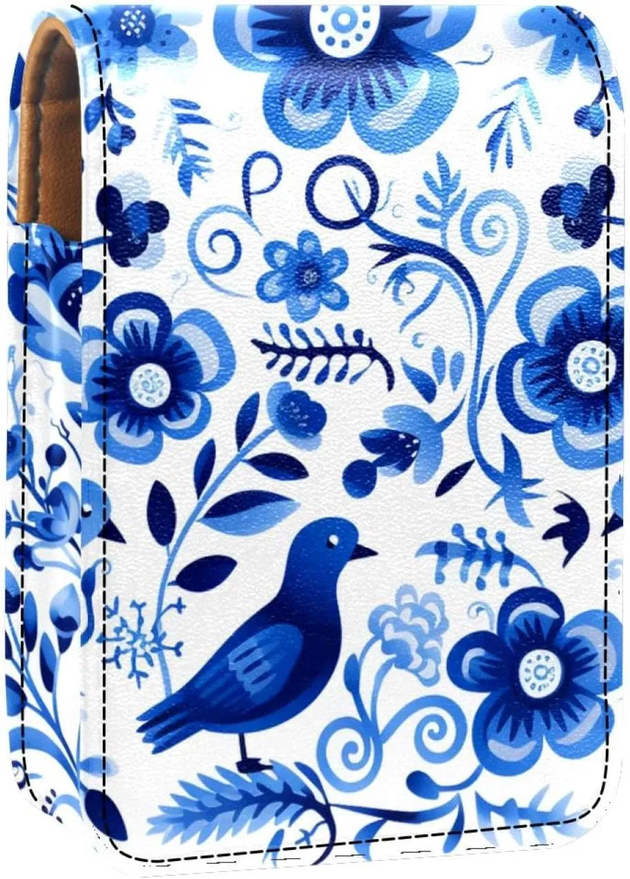 Travel Lipstick Organizer Case,Lipstick Case Portable Makeup Bag With Mirror,Flowers Birds Blue Leaves