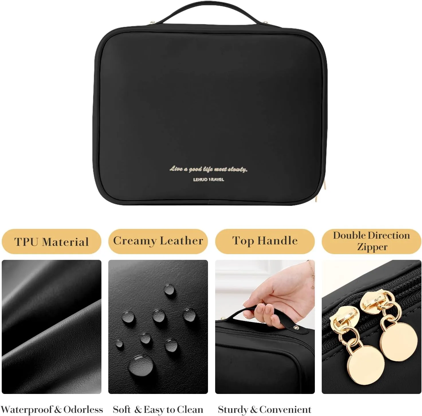 Travel Makeup Bag Large Capacity Cosmetic Organizer Waterproof Leather Toiletry Bag with Brush Holder and Handle Portable Cosmetic Storage Bag for Women Girls Gift - Black