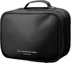 Travel Makeup Bag Large Capacity Cosmetic Organizer Waterproof Leather Toiletry Bag with Brush Holder and Handle Portable Cosmetic Storage Bag for Women Girls Gift - Black