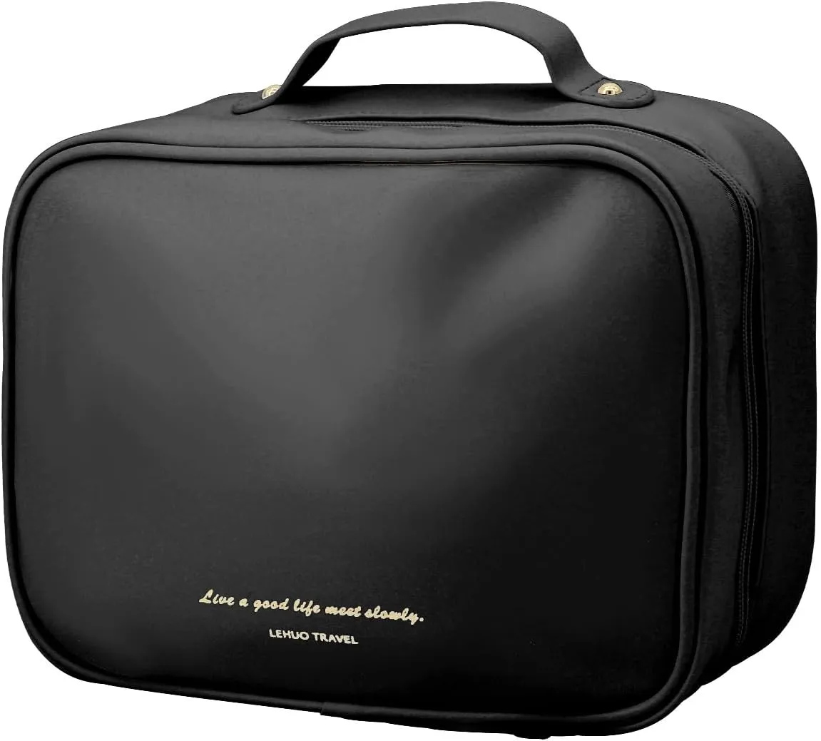 Travel Makeup Bag Large Capacity Cosmetic Organizer Waterproof Leather Toiletry Bag with Brush Holder and Handle Portable Cosmetic Storage Bag for Women Girls Gift - Black