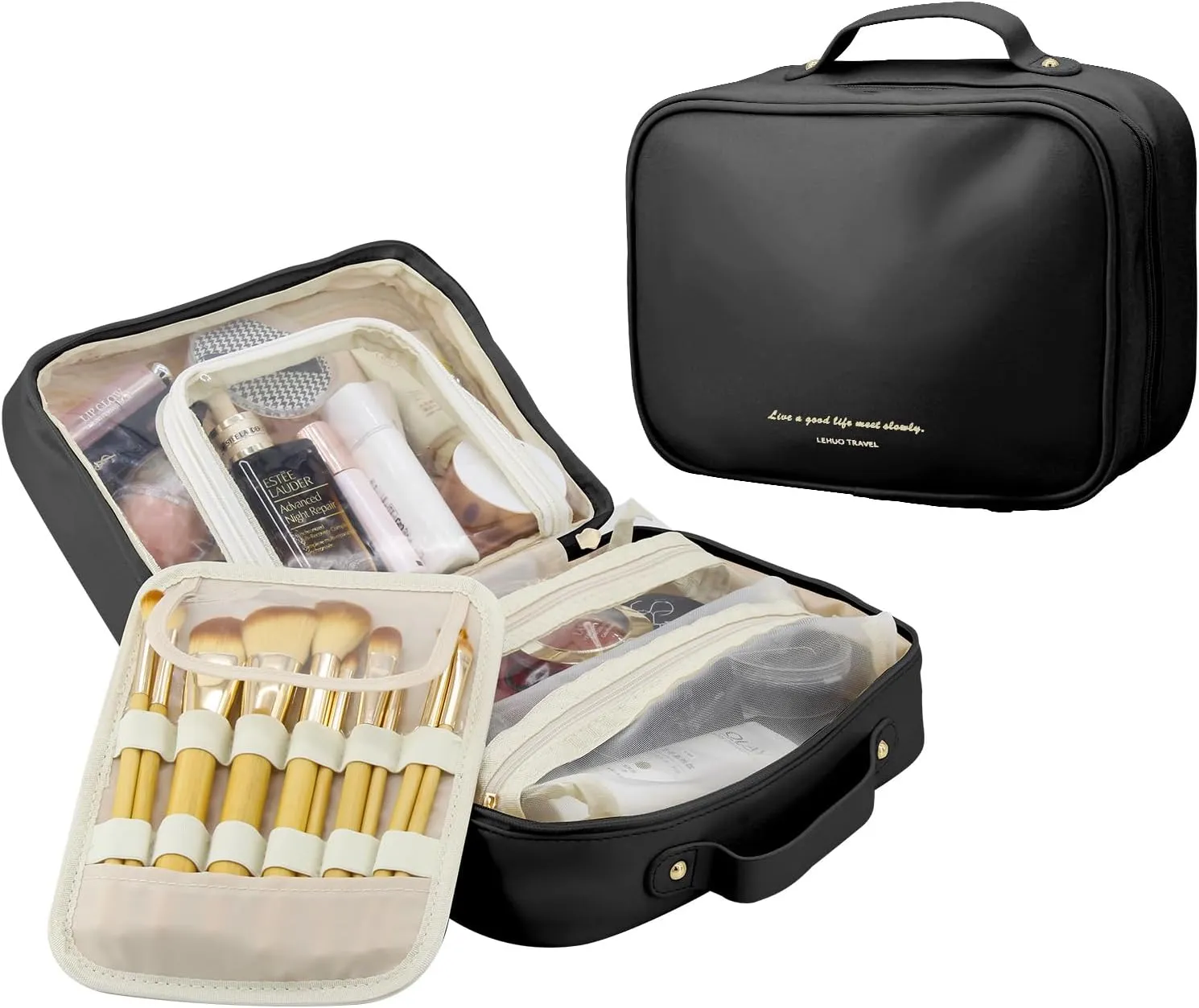 Travel Makeup Bag Large Capacity Cosmetic Organizer Waterproof Leather Toiletry Bag with Brush Holder and Handle Portable Cosmetic Storage Bag for Women Girls Gift - Black