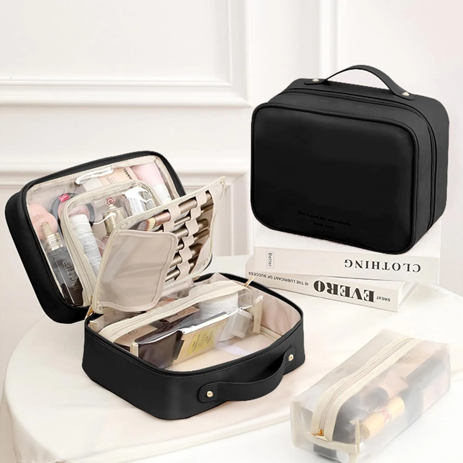 Travel Makeup Bag Large Capacity Cosmetic Organizer Waterproof Leather Toiletry Bag with Brush Holder and Handle Portable Cosmetic Storage Bag for Women Girls Gift - Black